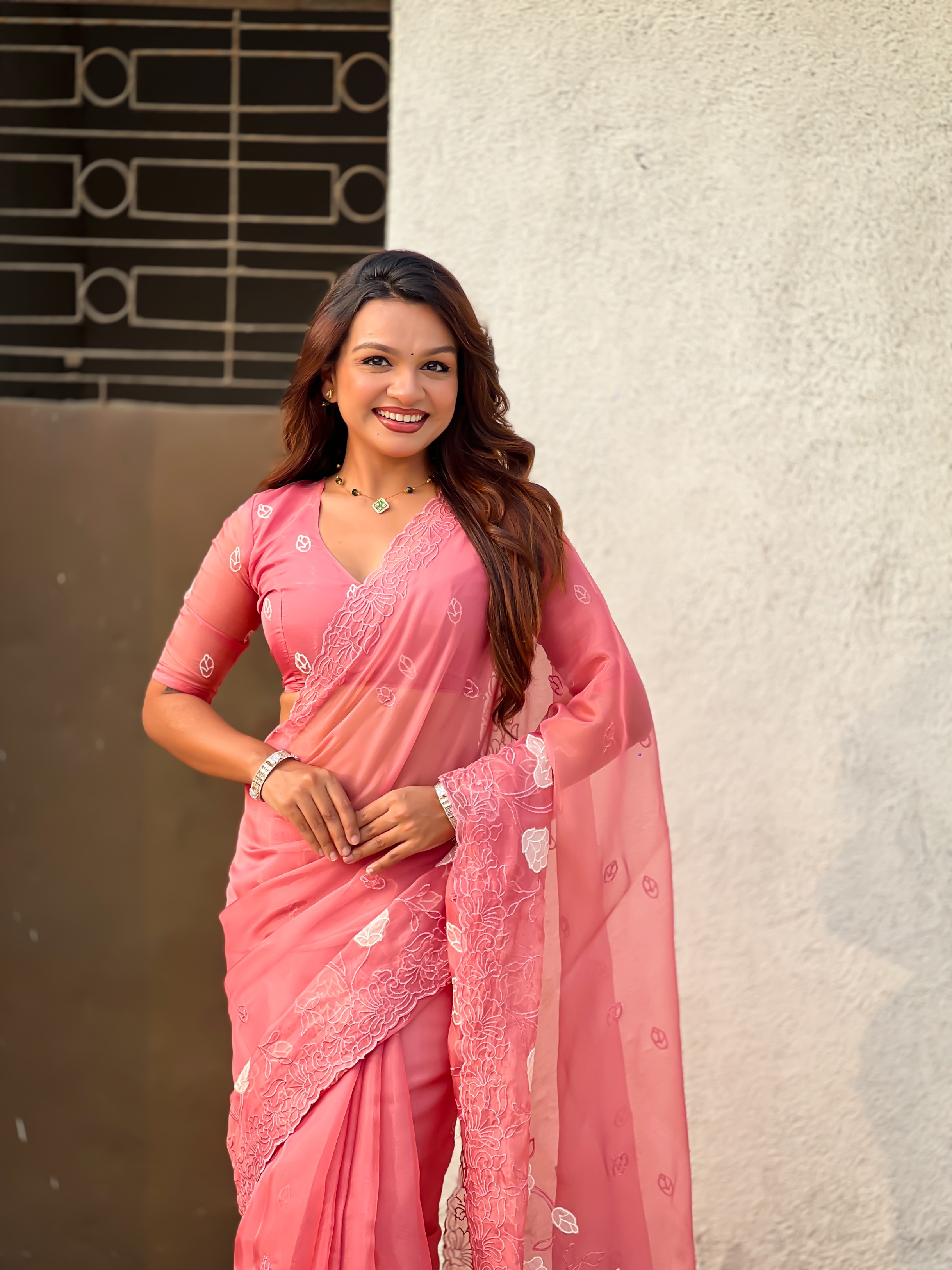 Coral Thread Embroidered Chanderi Kora Silk Saree