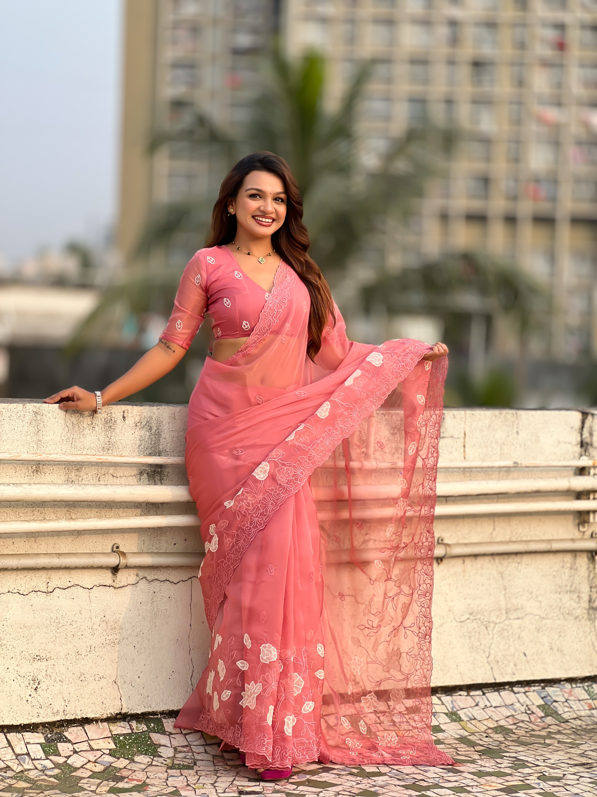 Coral Thread Embroidered Chanderi Kora Silk Saree