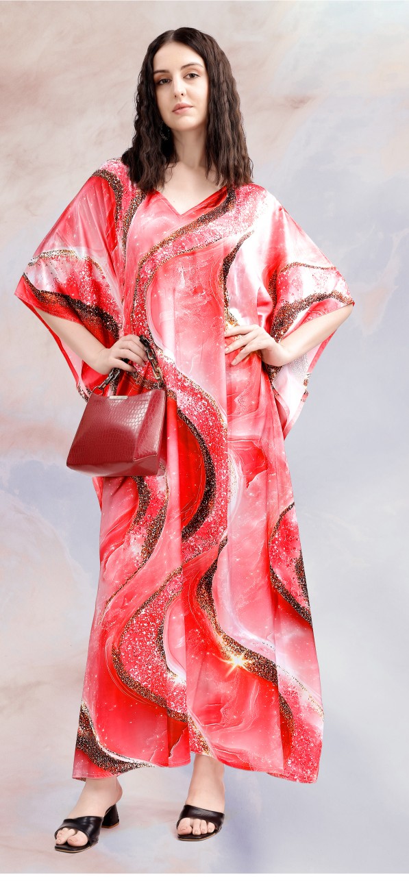 Coral Wave Digital Printed Poly Japan Satin Kaftan