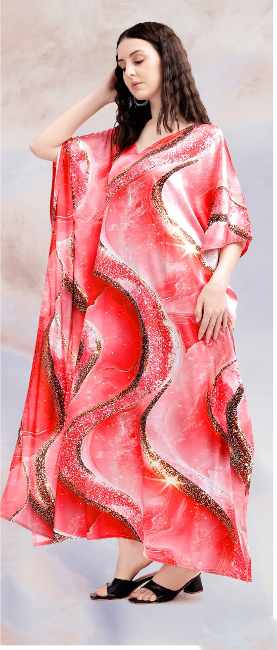 Coral Wave Digital Printed Poly Japan Satin Kaftan