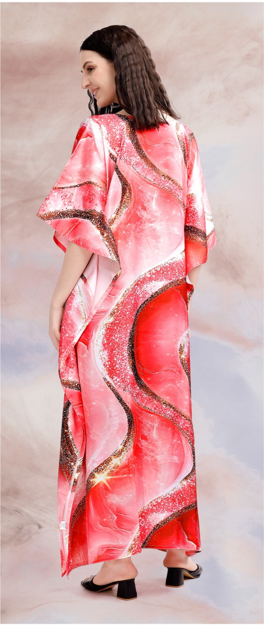 Coral Wave Digital Printed Poly Japan Satin Kaftan