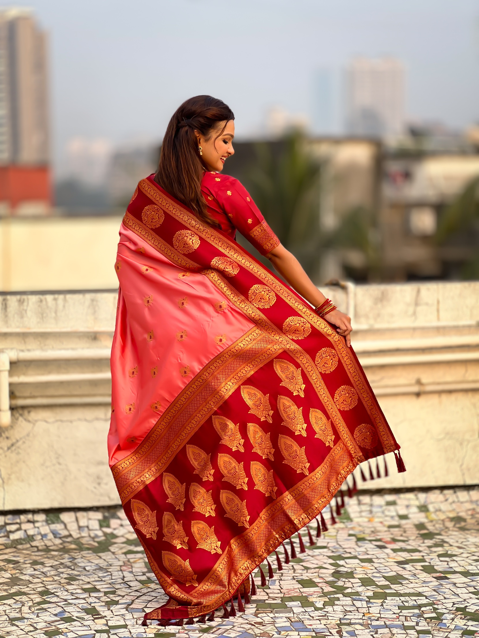Coral Zari Woven Soft Silk Traditional Saree — alternate view