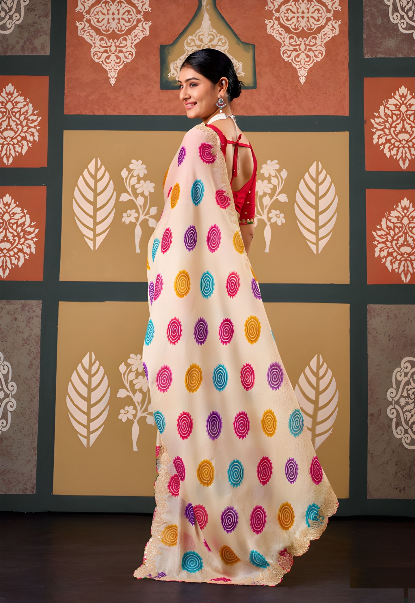 Cream Abstract Printed Embroidered Chiffon Saree — alternate view