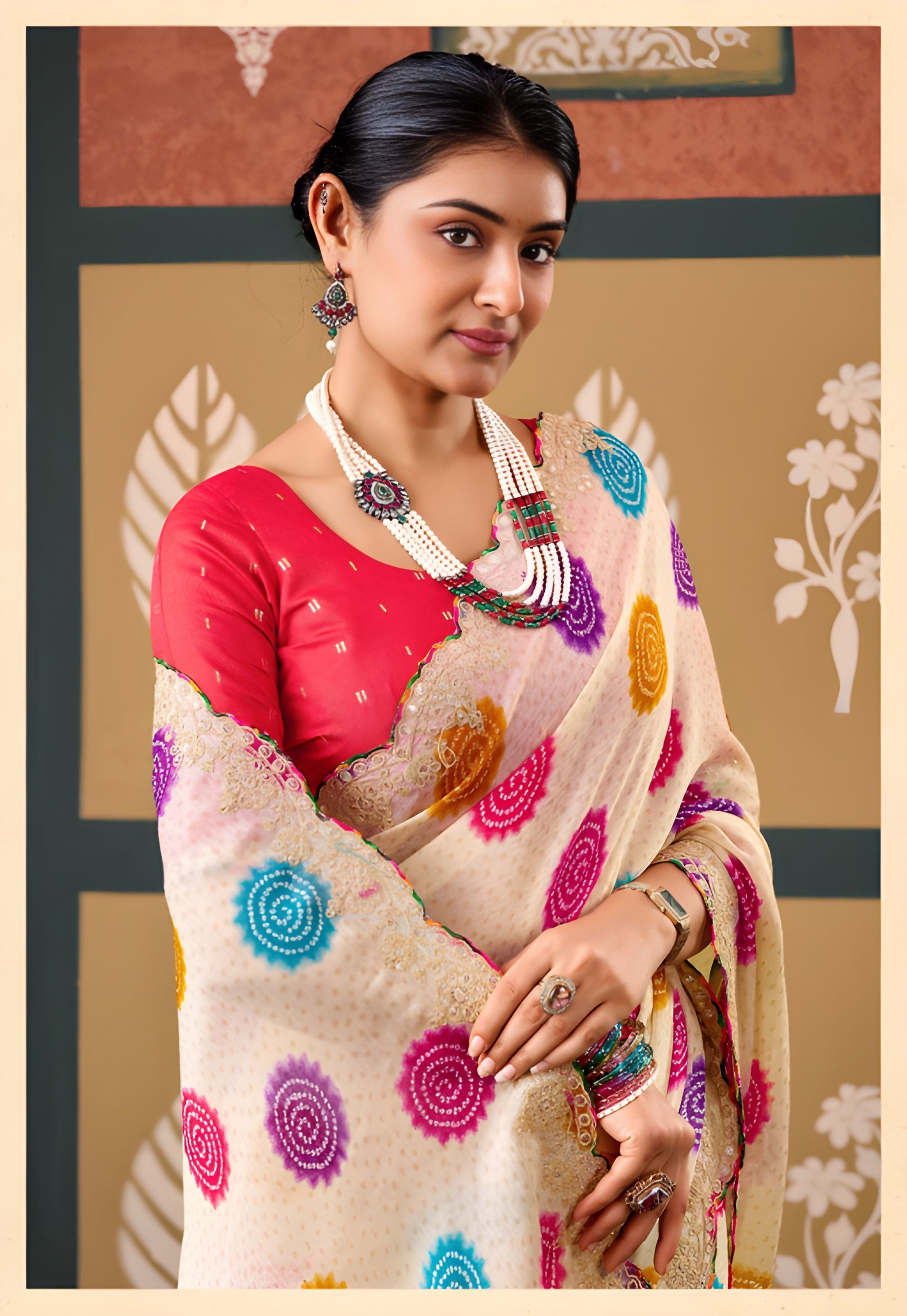 Cream Abstract Printed Embroidered Chiffon Saree