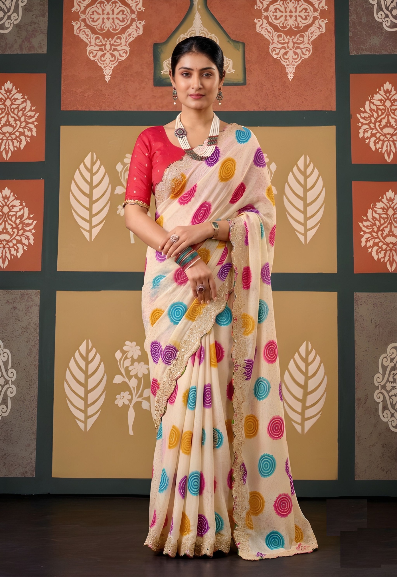 Cream Abstract Printed Embroidered Chiffon Saree