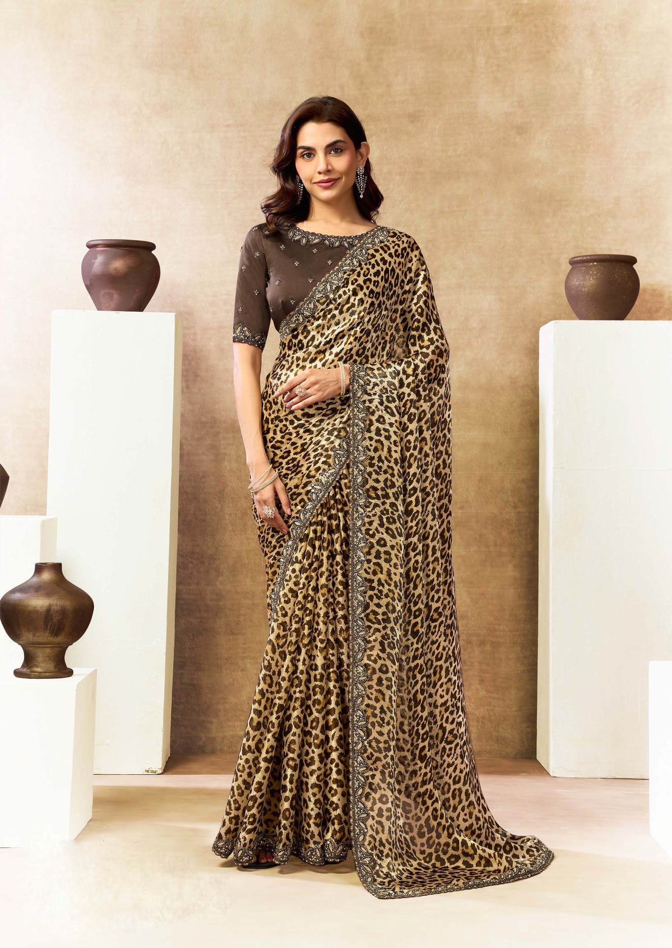 Cream Animal Print Satin Silk Saree