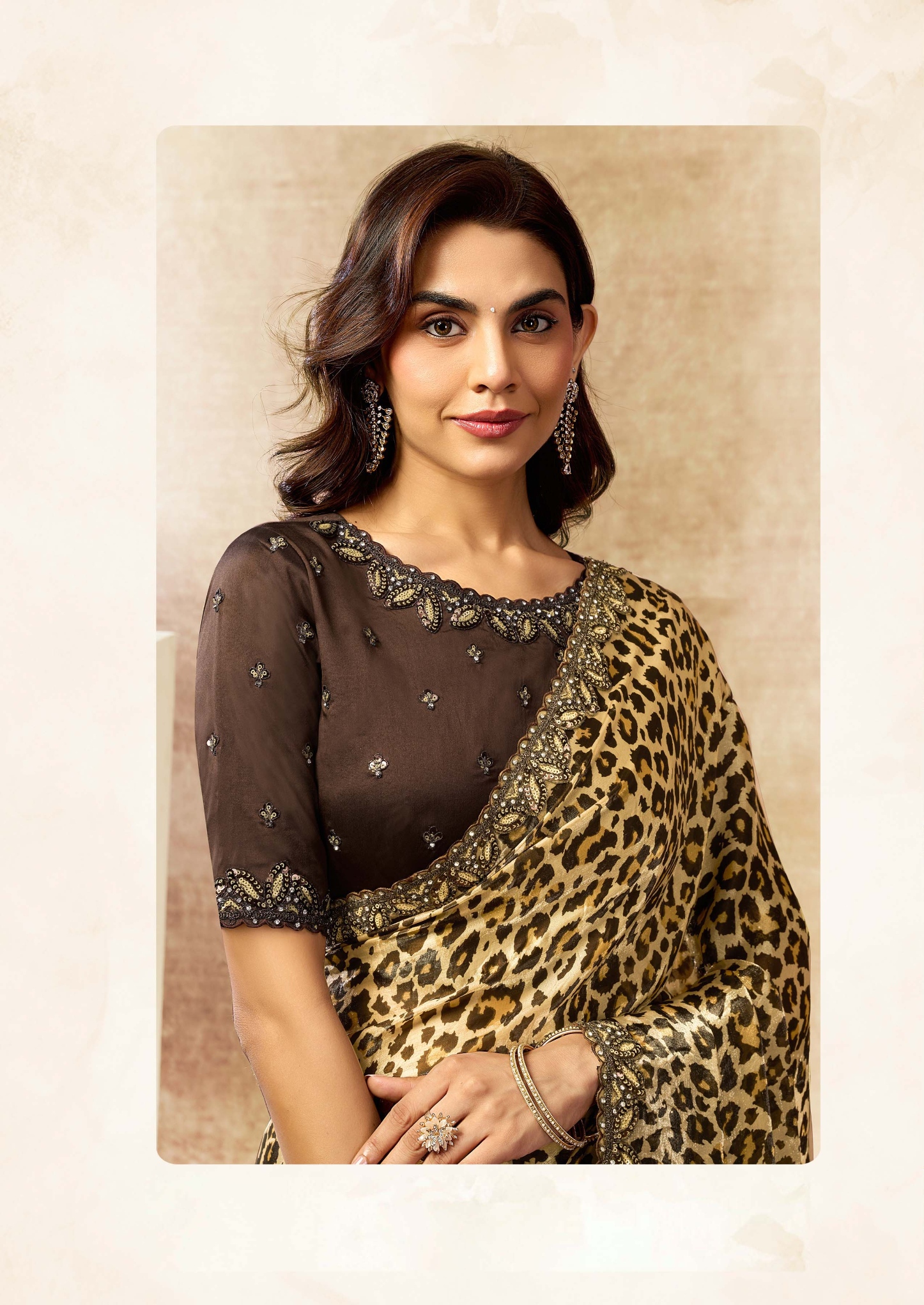 Cream Animal Print Satin Silk Saree