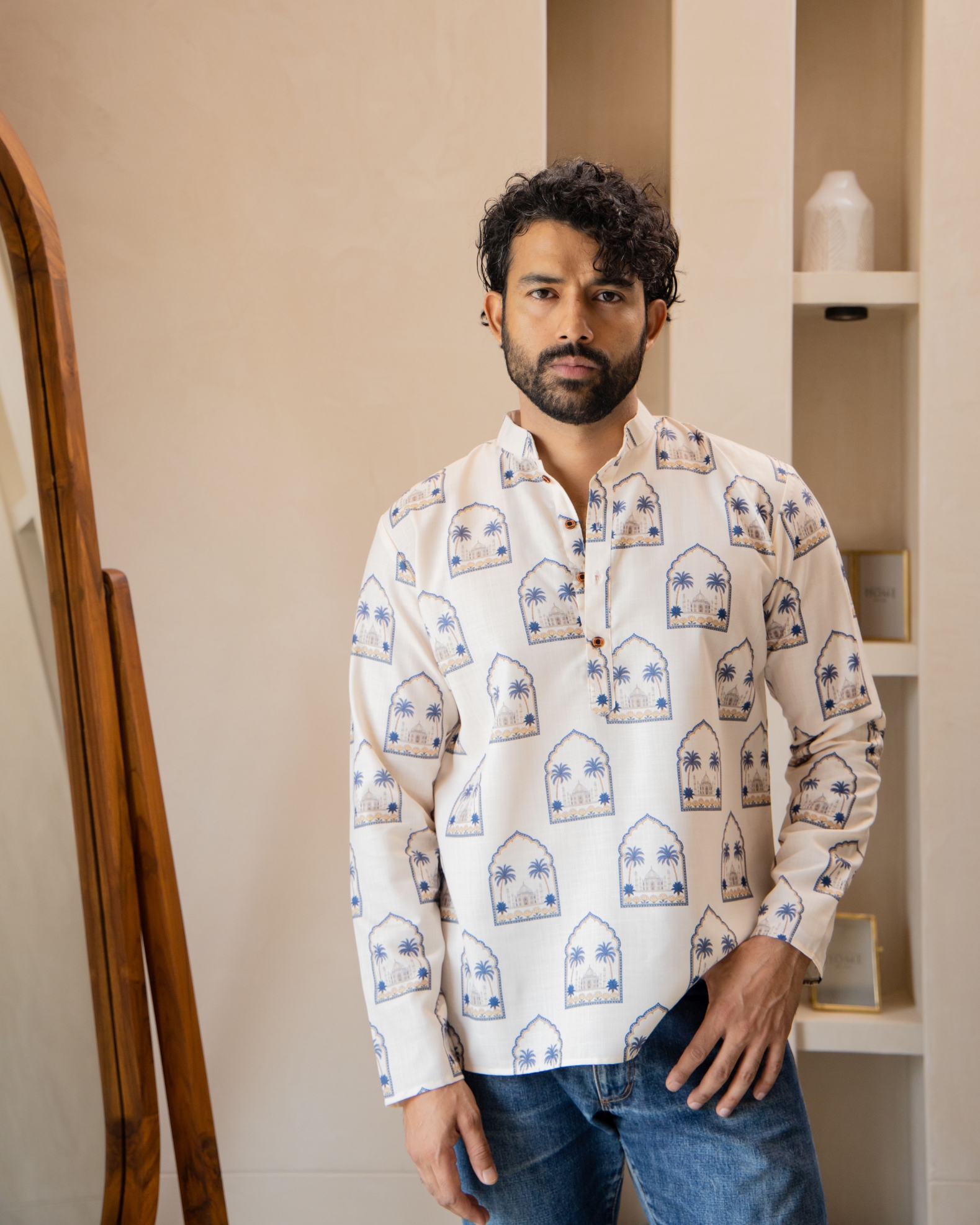Cream Arch Motif Printed Swiss Linen Short Kurta