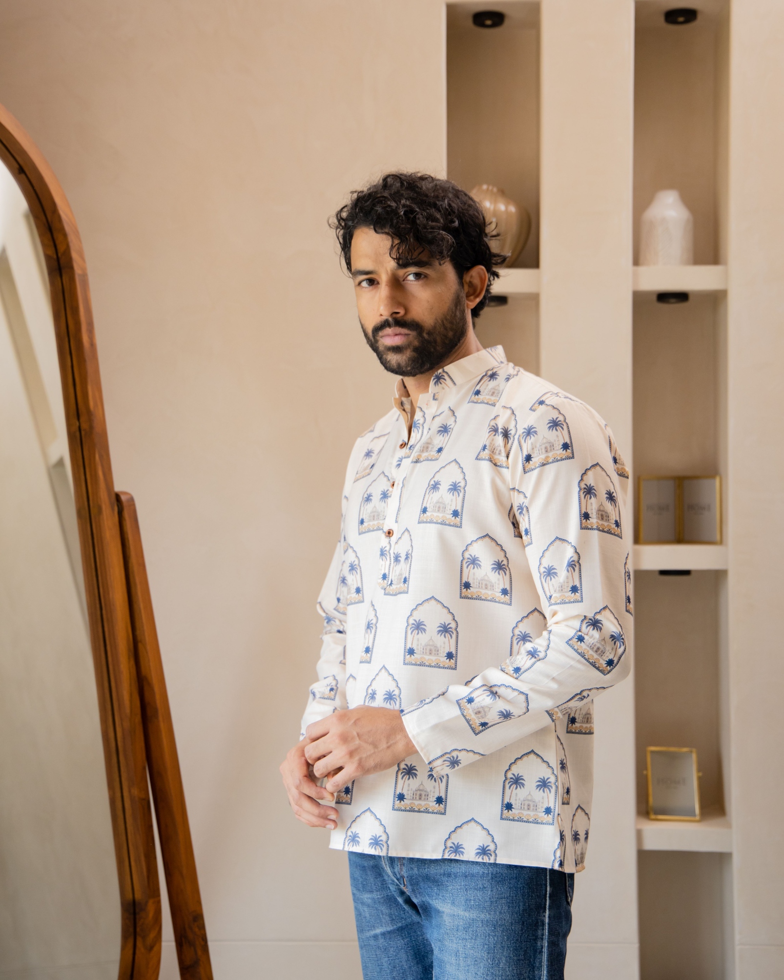 Cream Arch Motif Printed Swiss Linen Short Kurta