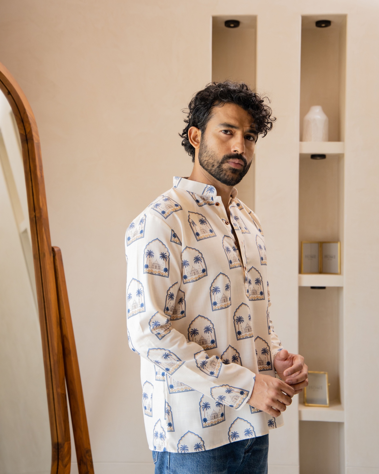 Cream Arch Motif Printed Swiss Linen Short Kurta