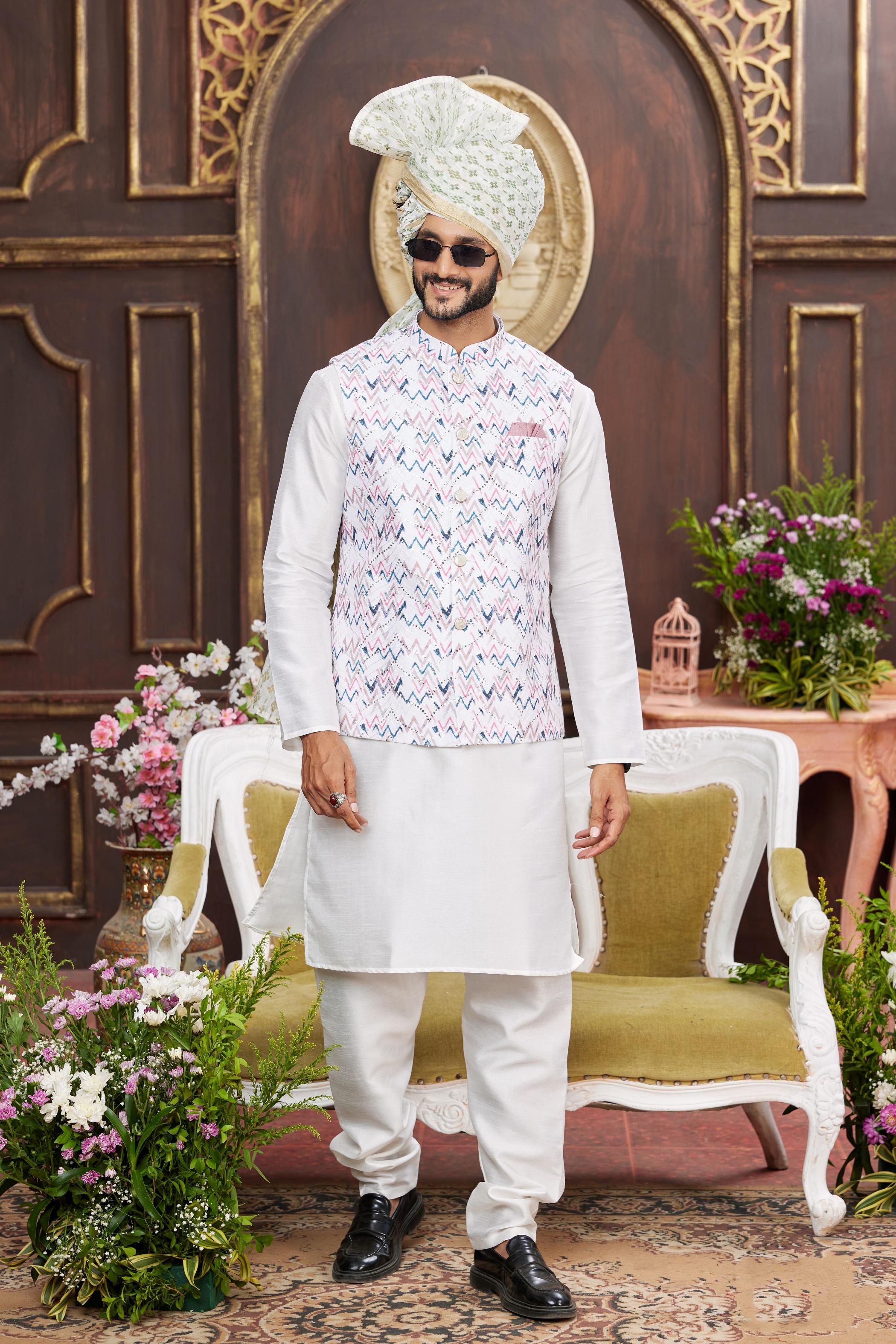 Cream Art Silk Jacket Kurta Payjama