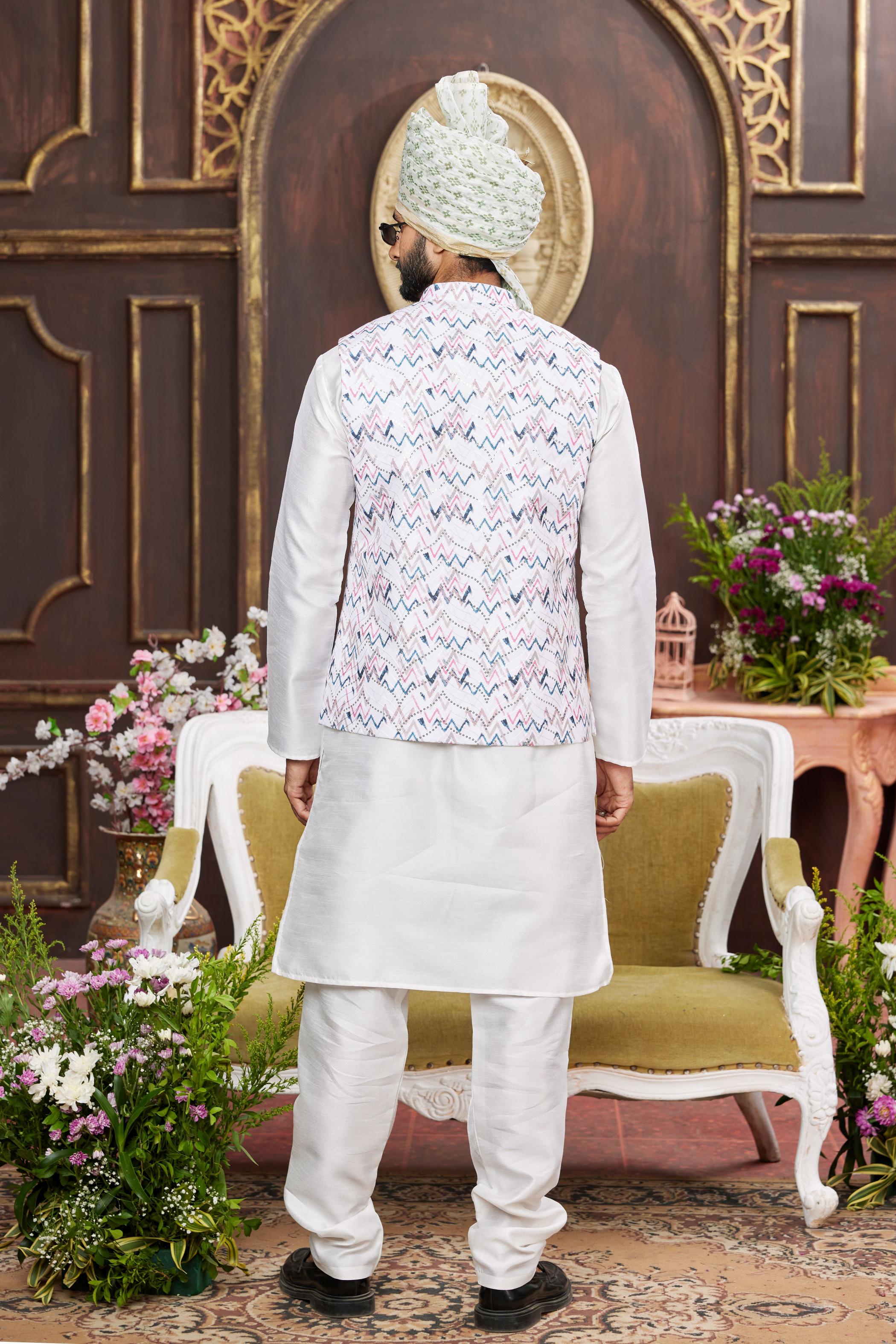 Cream Art Silk Jacket Kurta Payjama