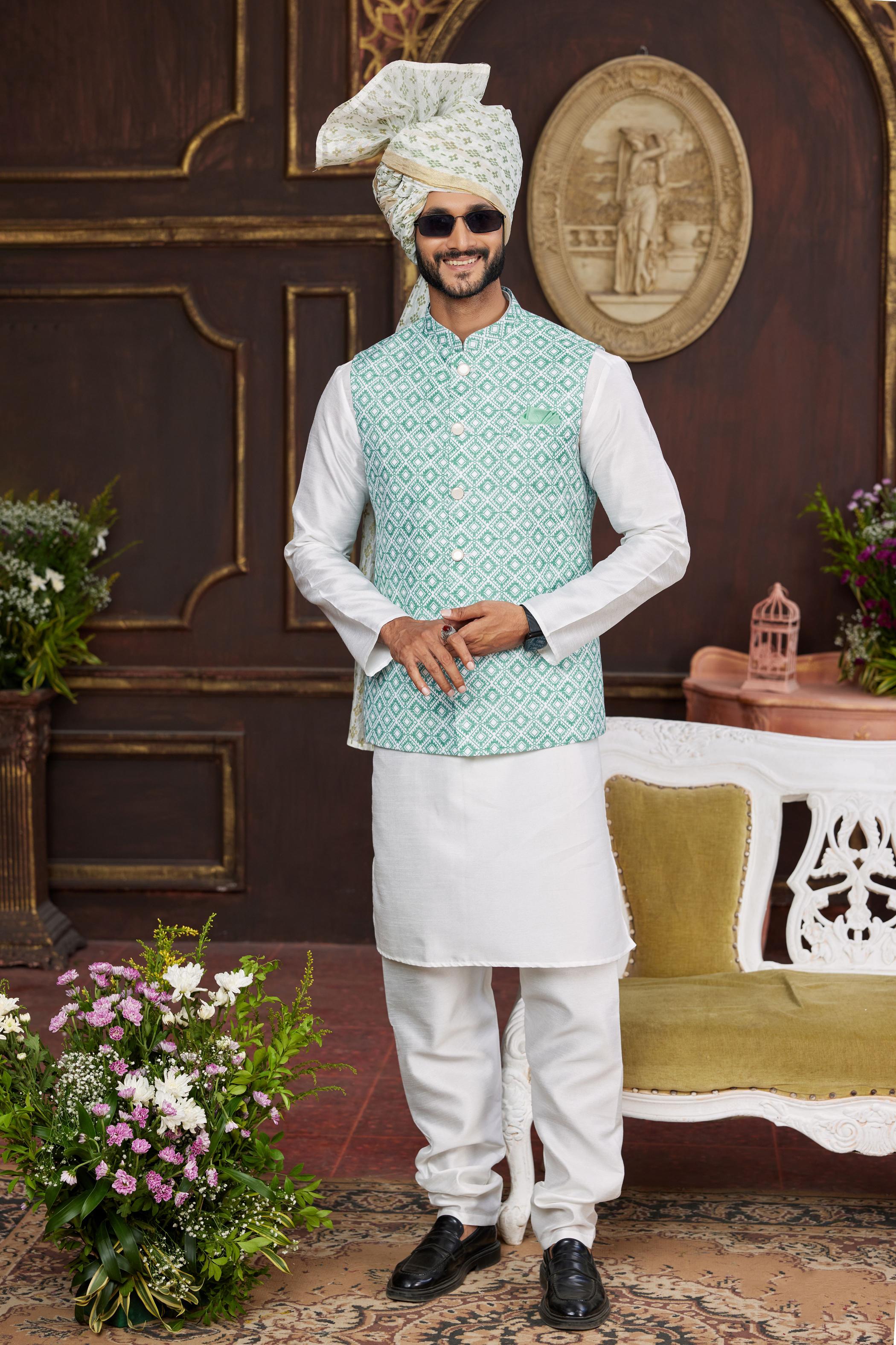 Cream Art Silk Jacket Kurta Payjama
