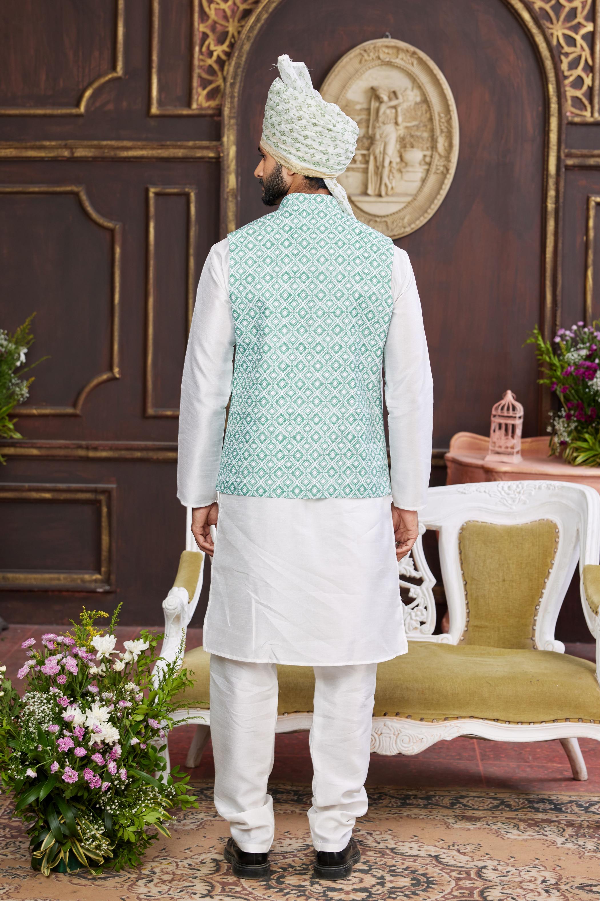 Cream Art Silk Jacket Kurta Payjama