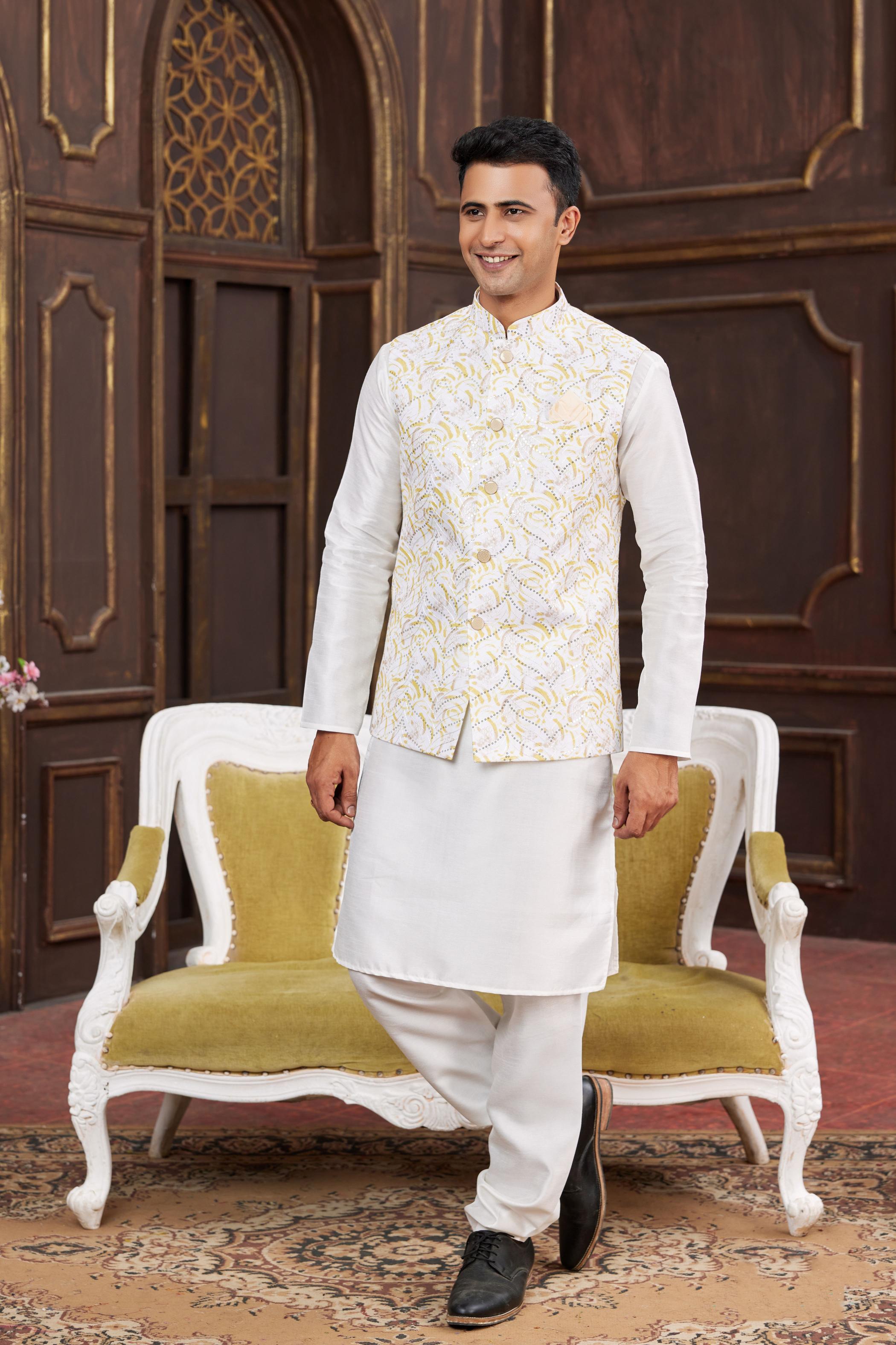 Cream Art Silk Jacket Kurta Payjama
