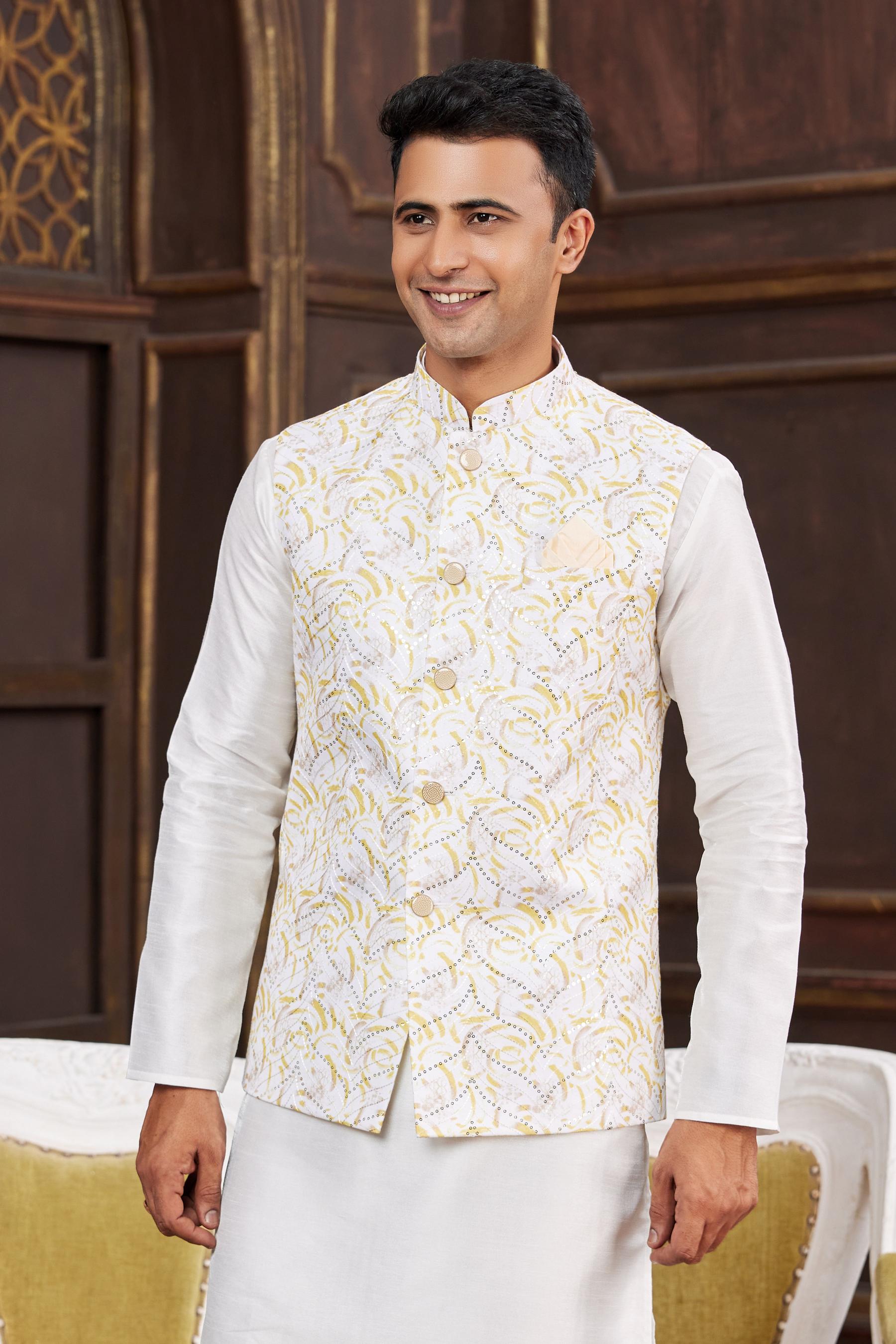 Cream Art Silk Jacket Kurta Payjama — alternate view