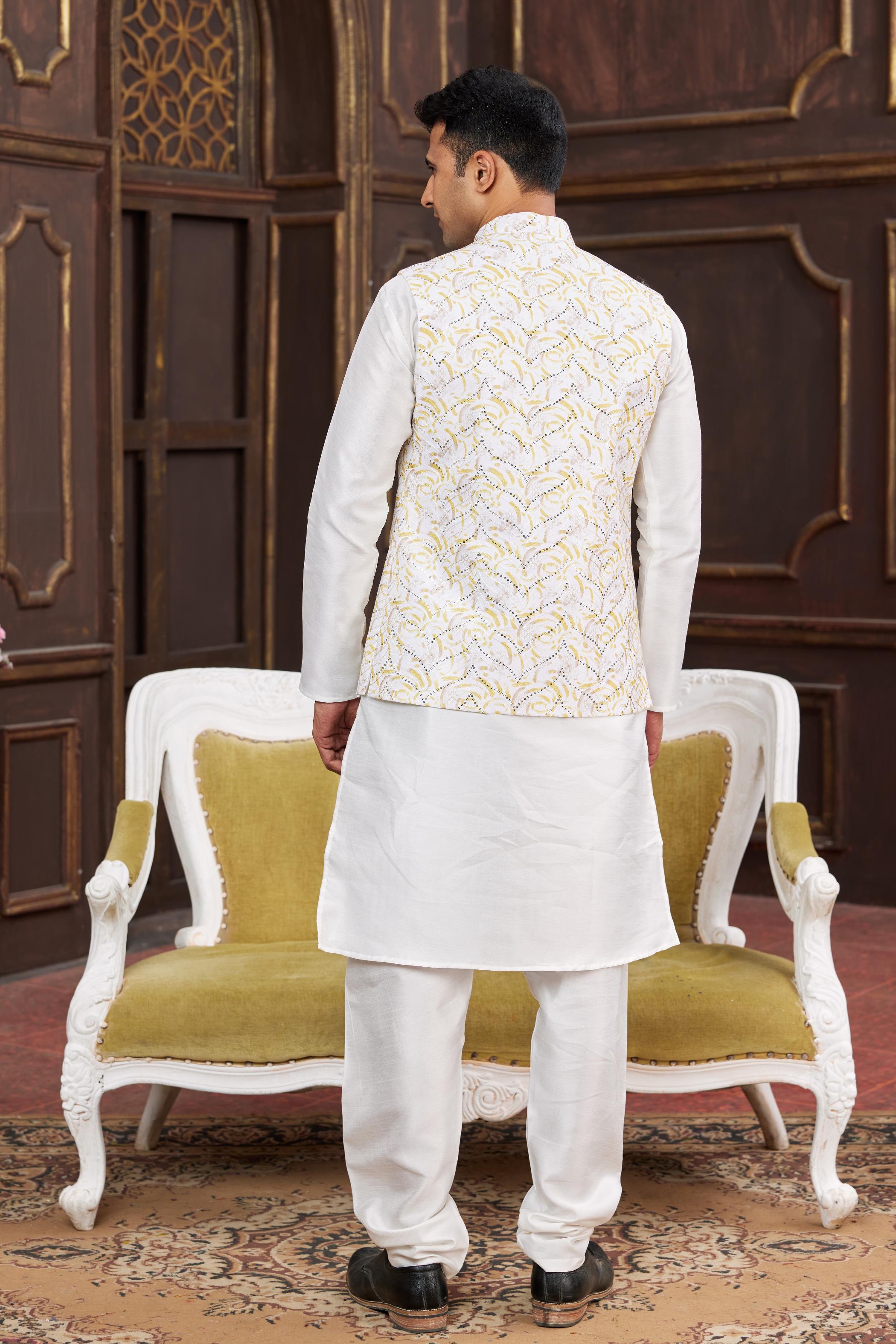 Cream Art Silk Jacket Kurta Payjama