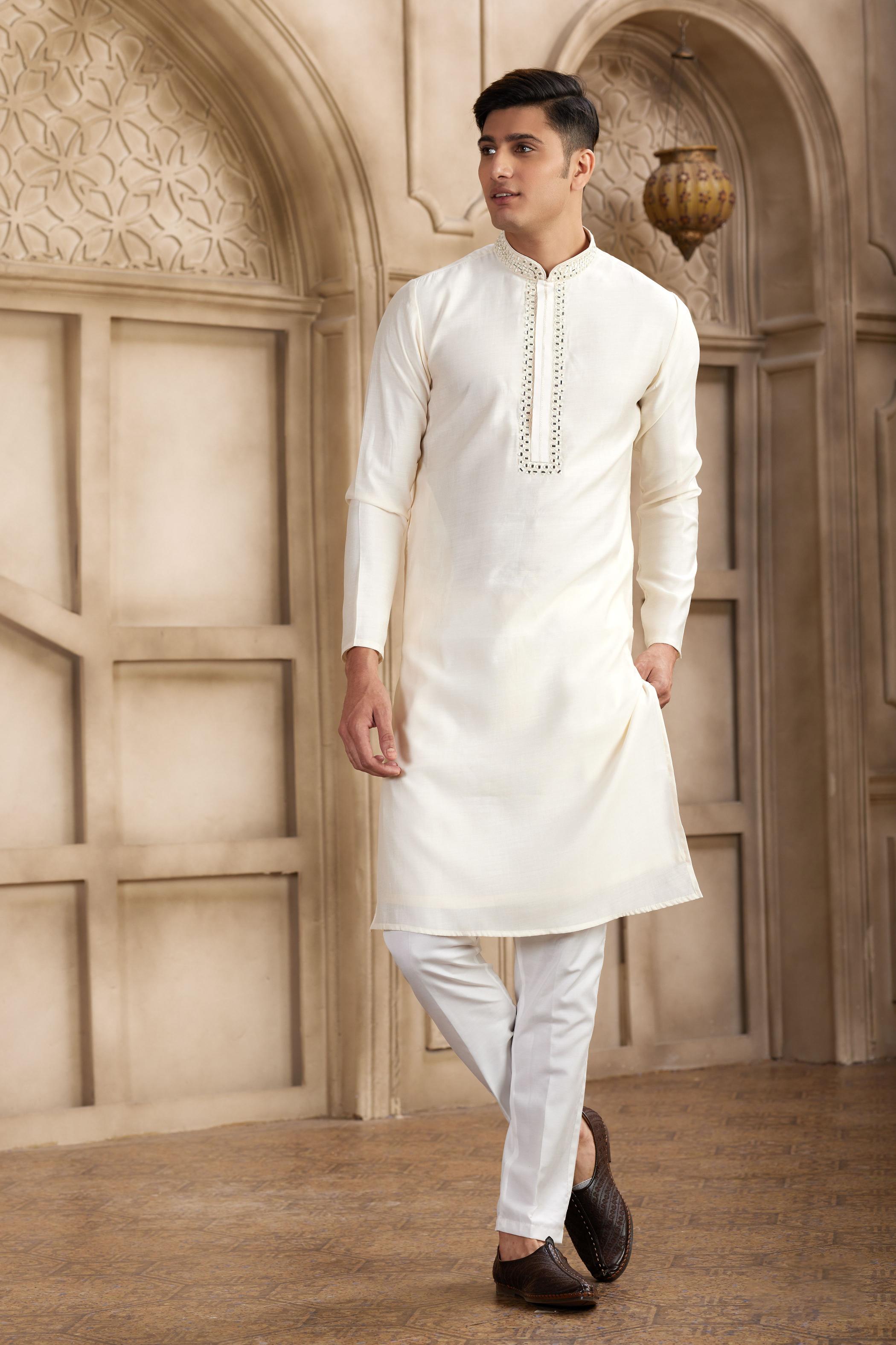 Cream Art Silk Kurta Payjama