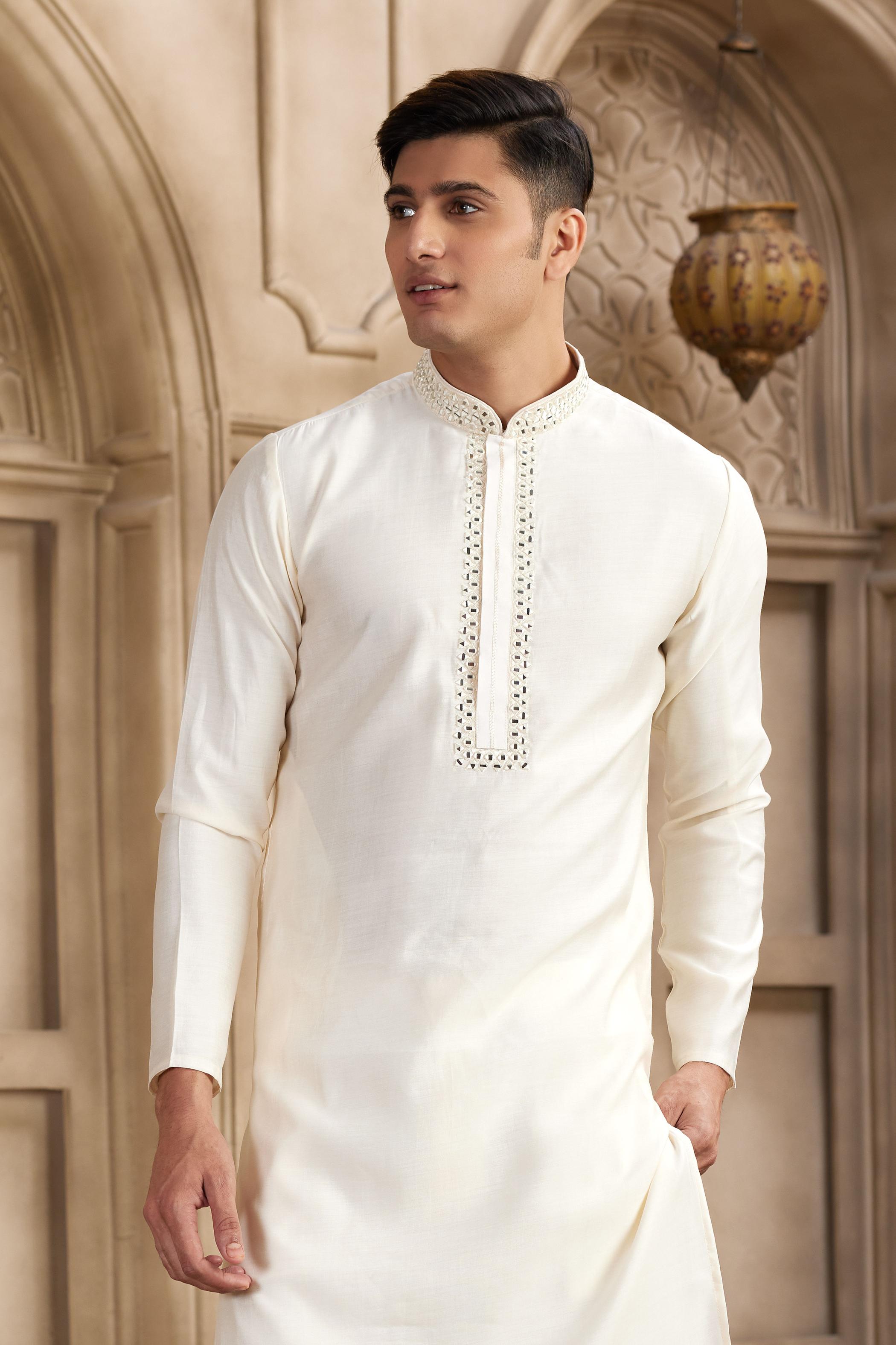 Cream Art Silk Kurta Payjama — alternate view