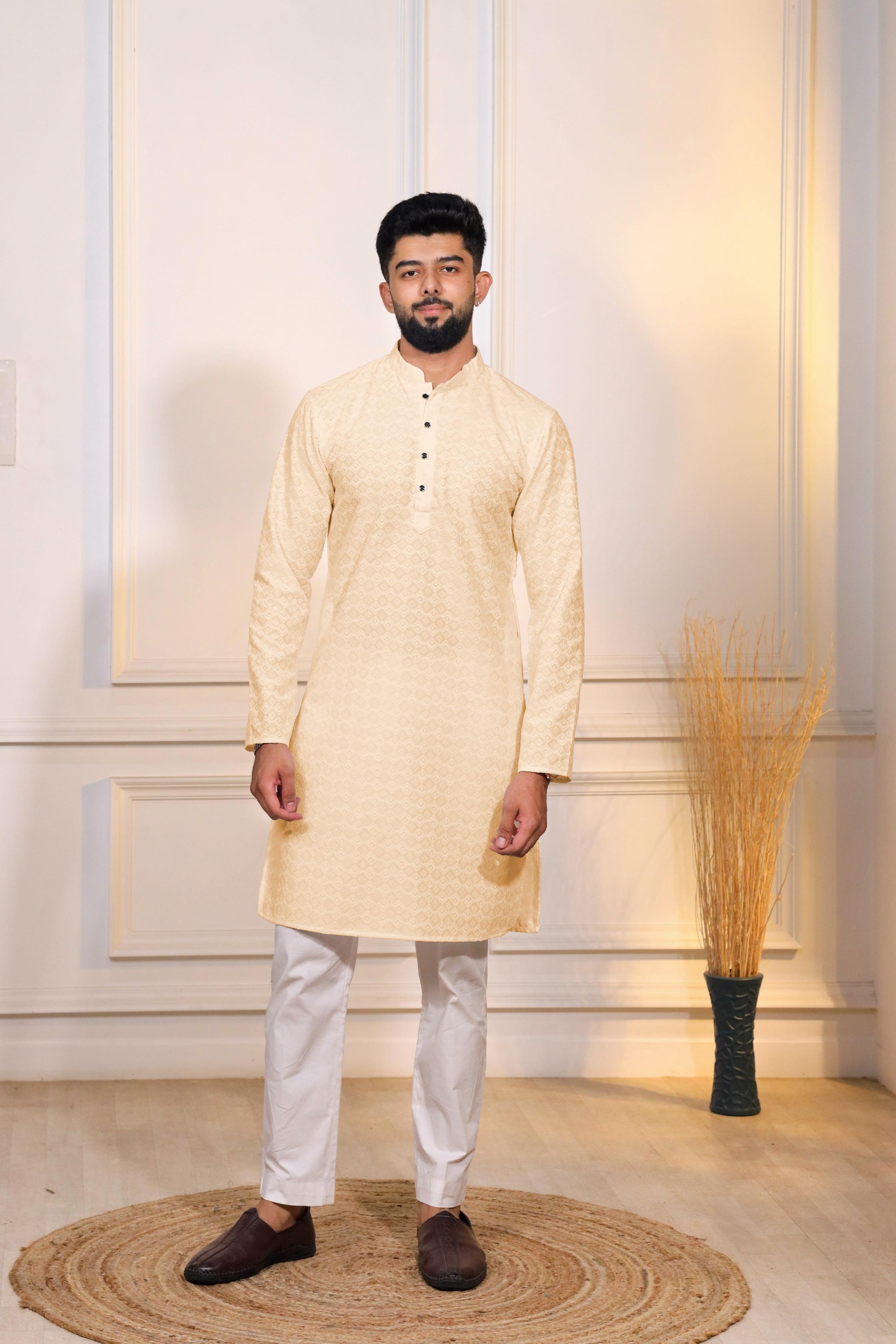 Cream Art Silk Kurta Pyjama