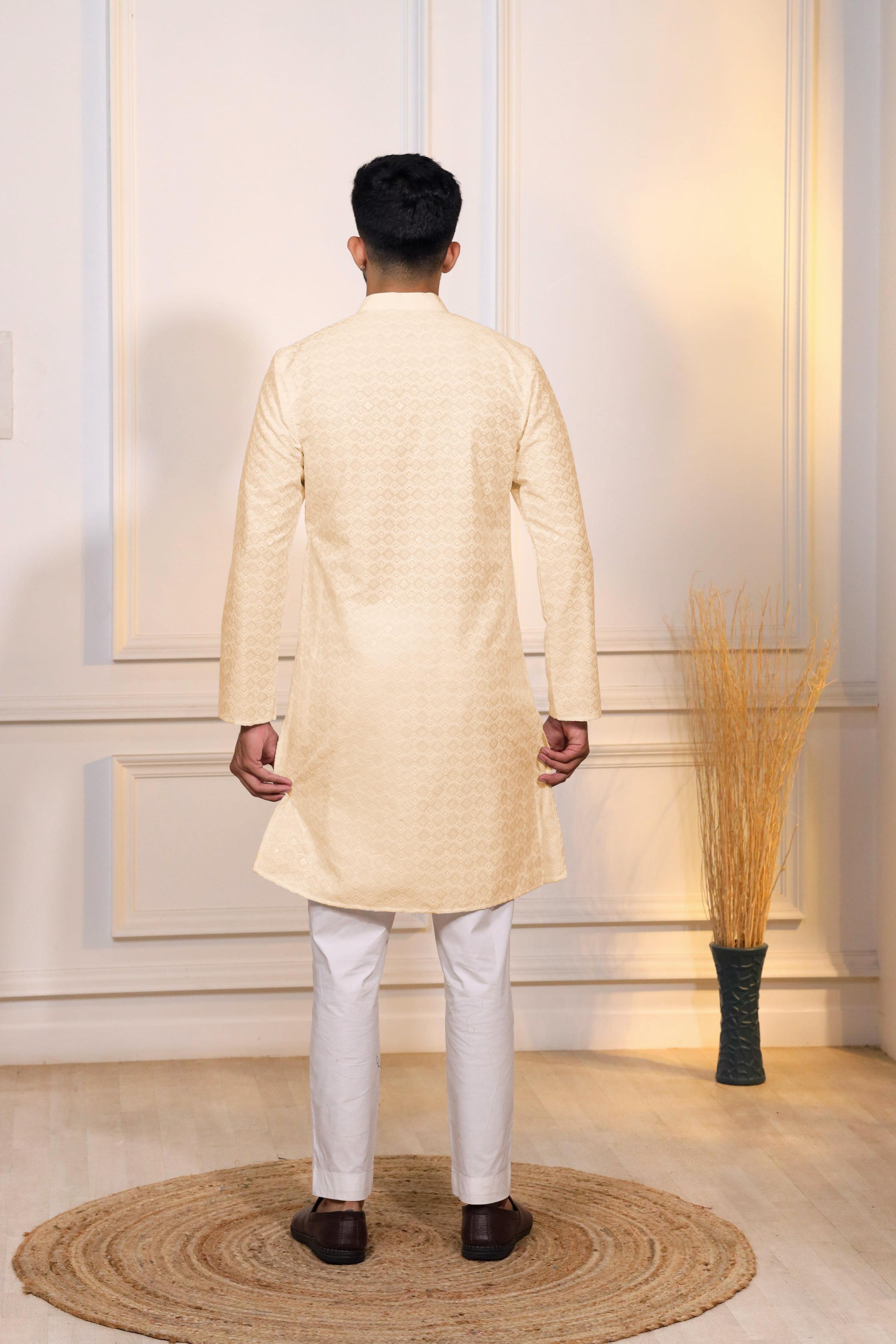 Cream Art Silk Kurta Pyjama — alternate view