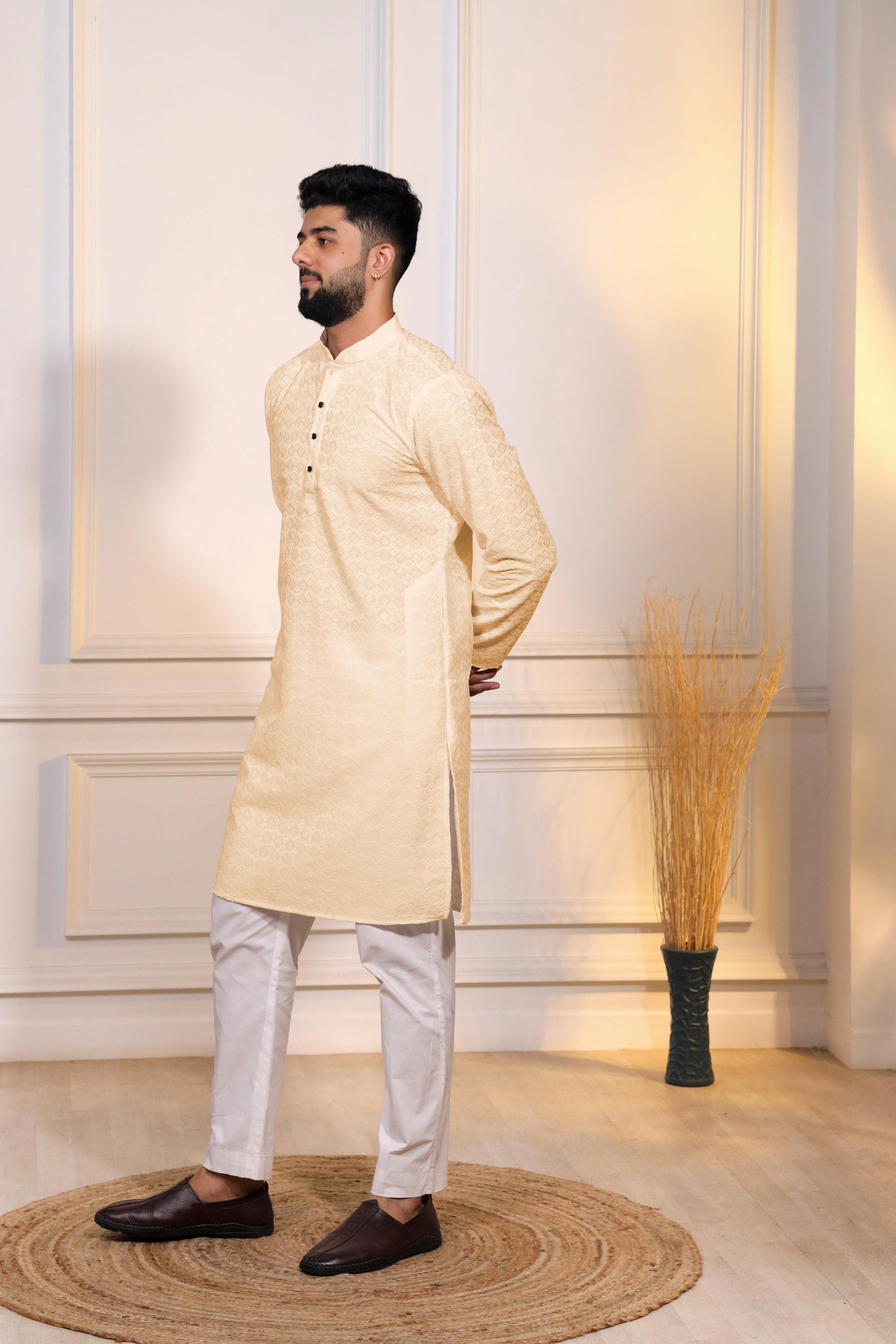 Cream Art Silk Kurta Pyjama