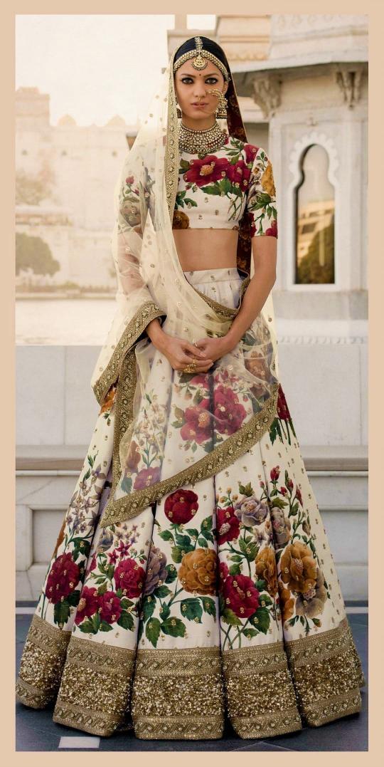 Cream Art Silk Printed Lehenga