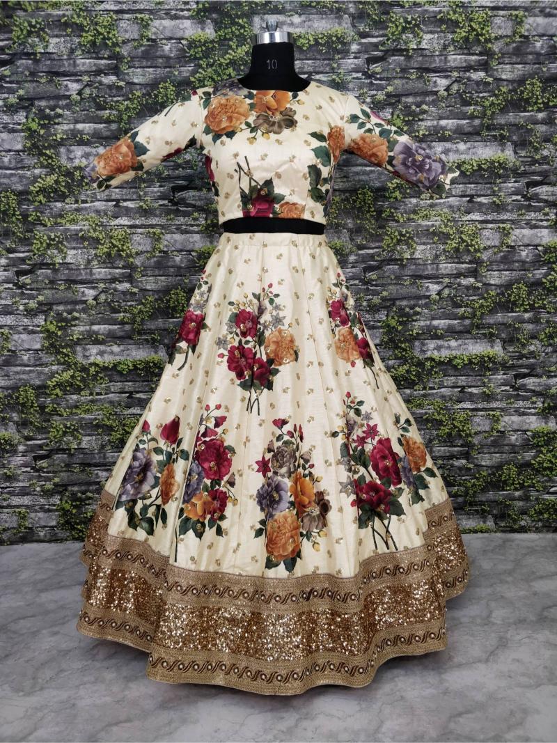 Cream Art Silk Printed Lehenga