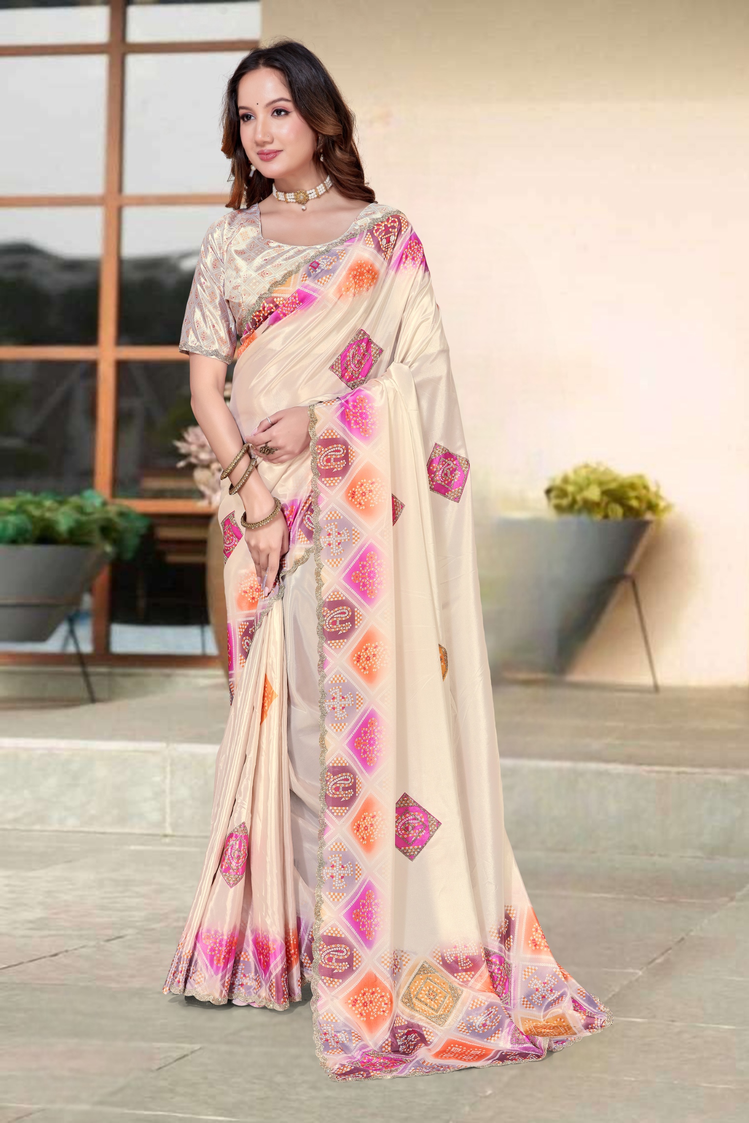 Cream Bandani Zircon Silk Saree