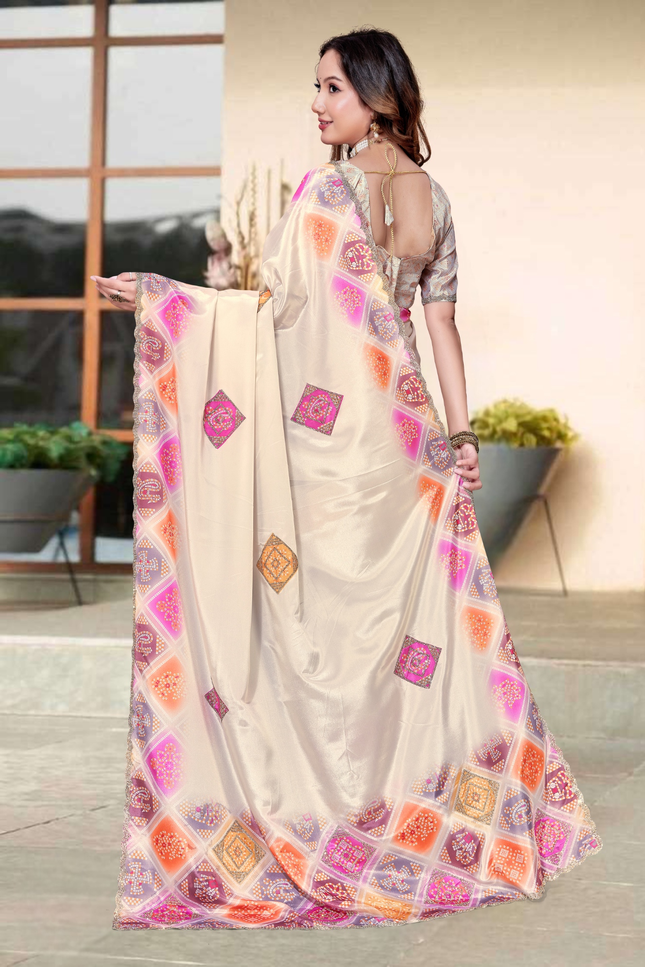 Cream Bandani Zircon Silk Saree — alternate view