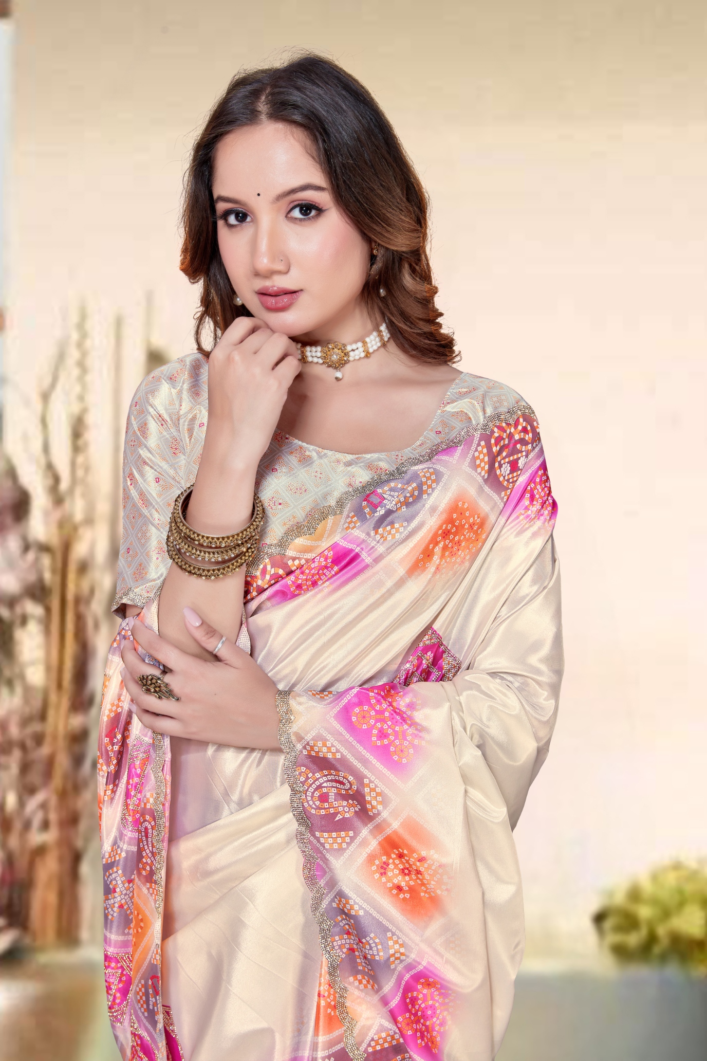 Cream Bandani Zircon Silk Saree