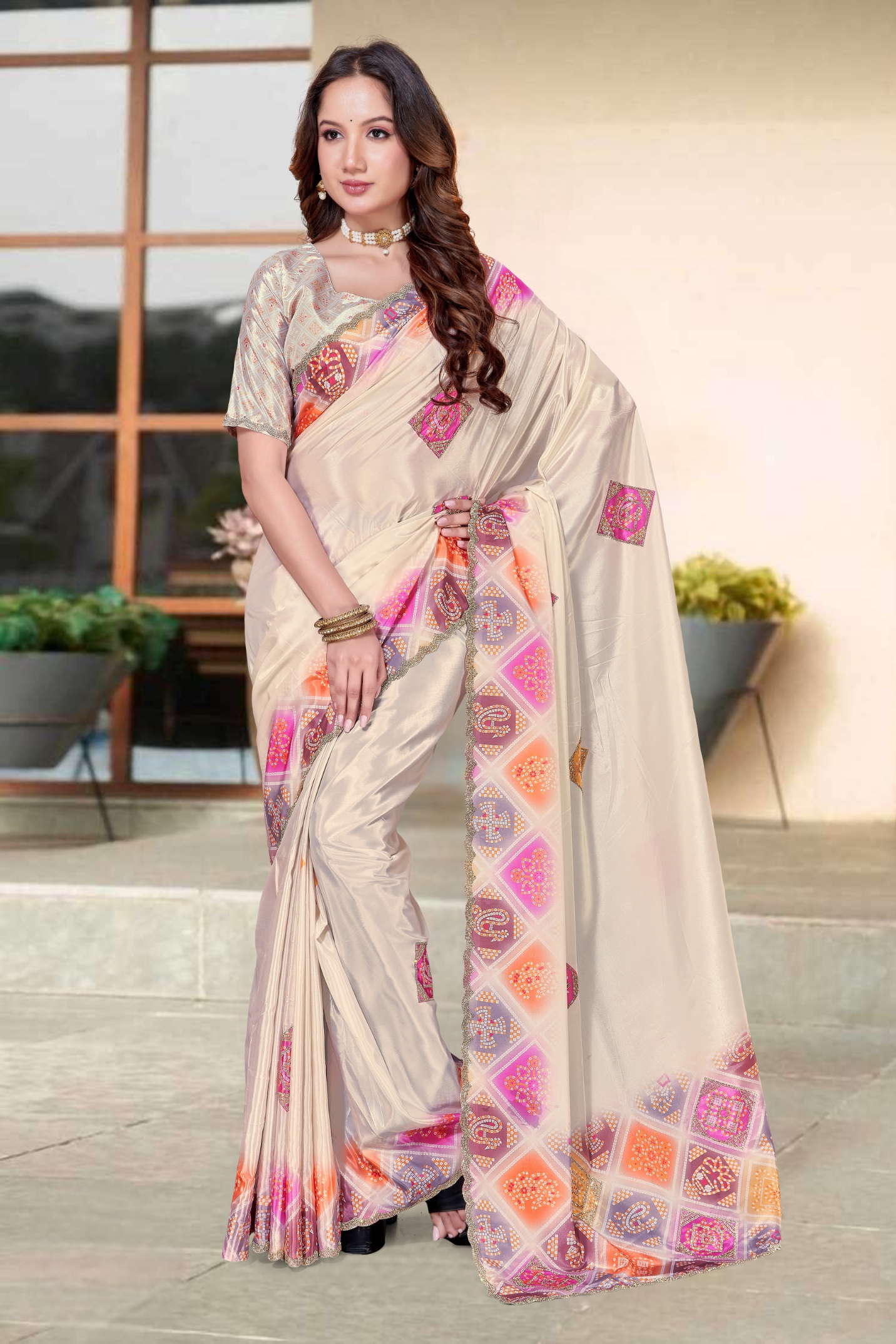 Cream Bandani Zircon Silk Saree