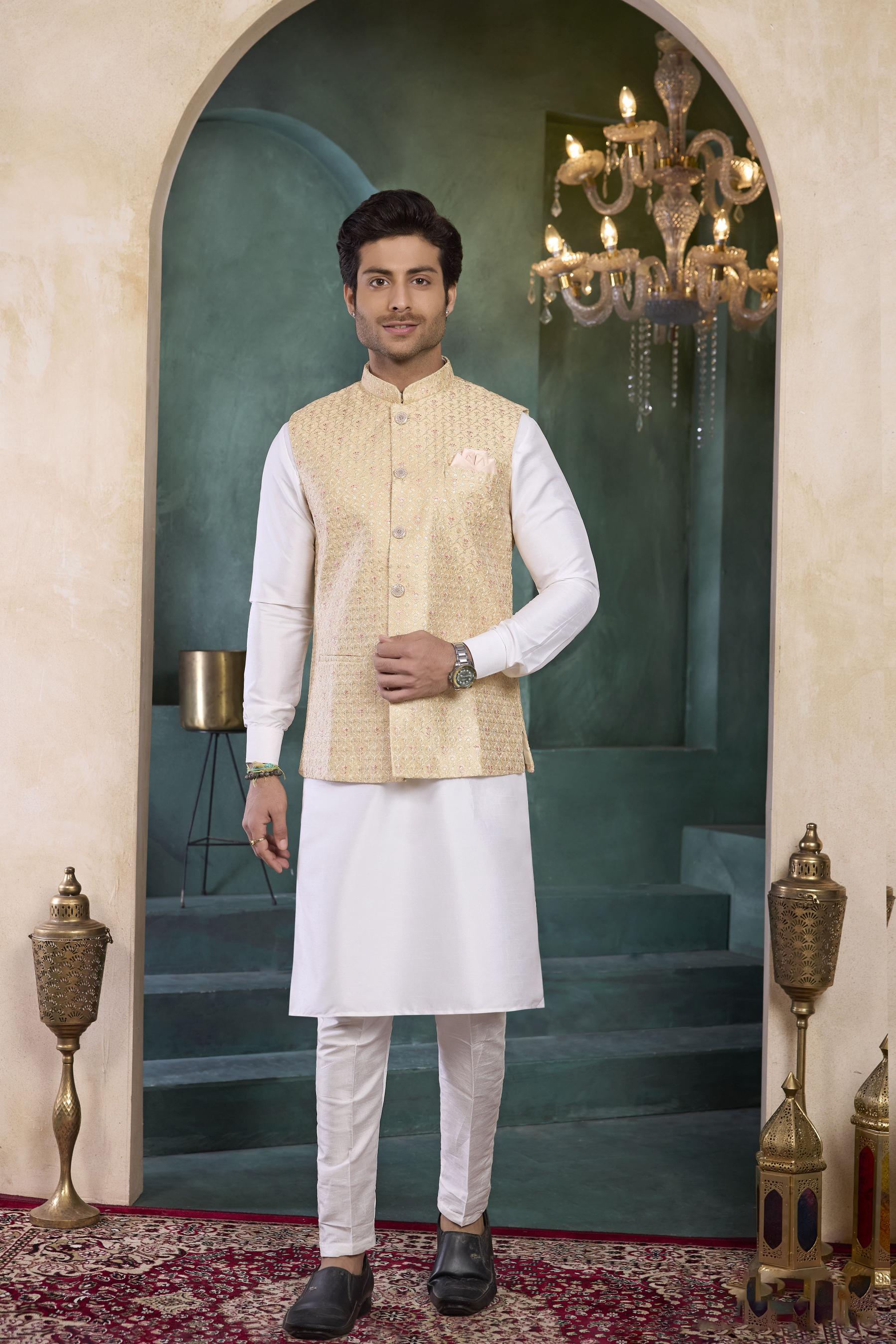 Cream Beige Banarasi Silk Kurta Pyjama
