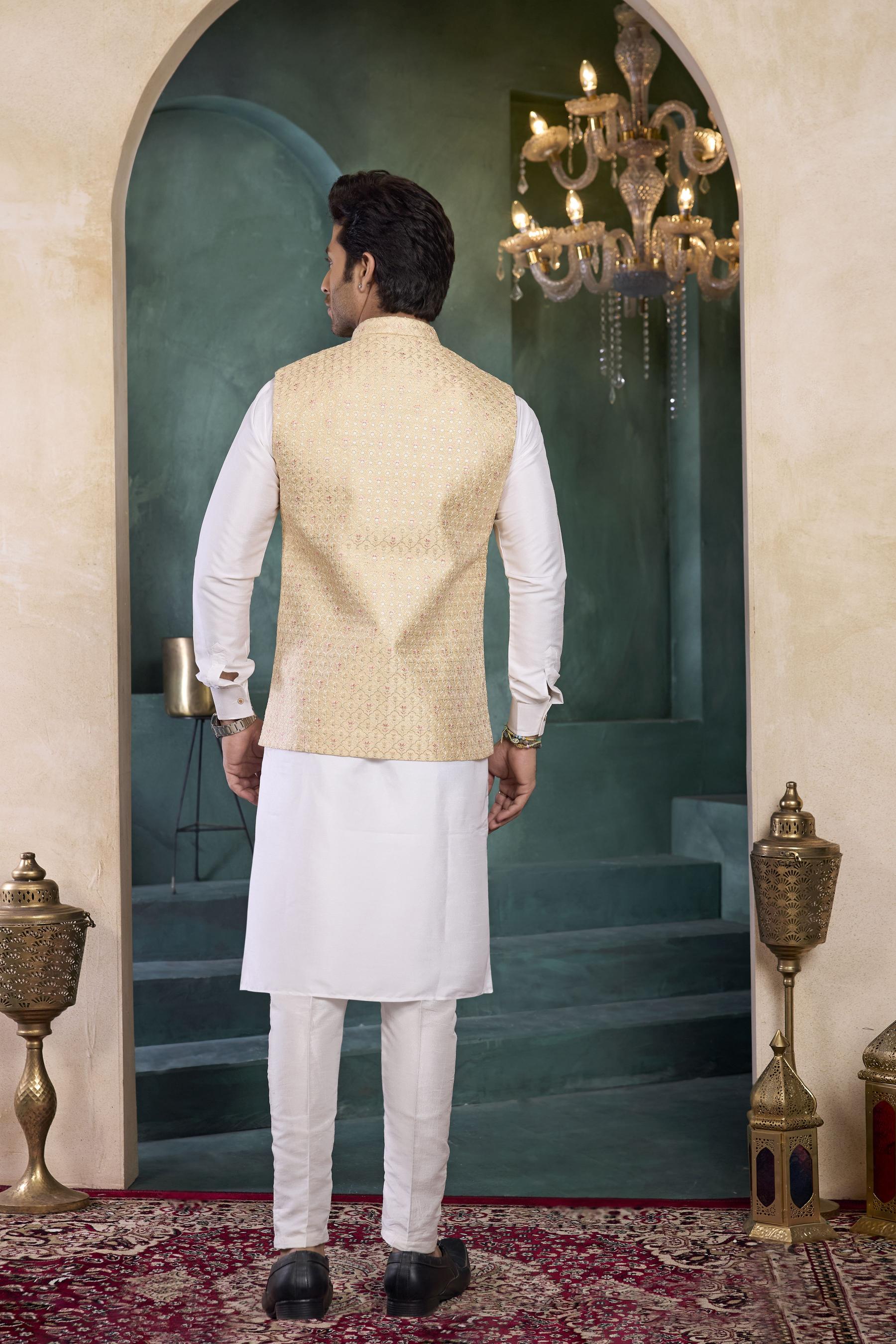 Cream Beige Banarasi Silk Kurta Pyjama — alternate view