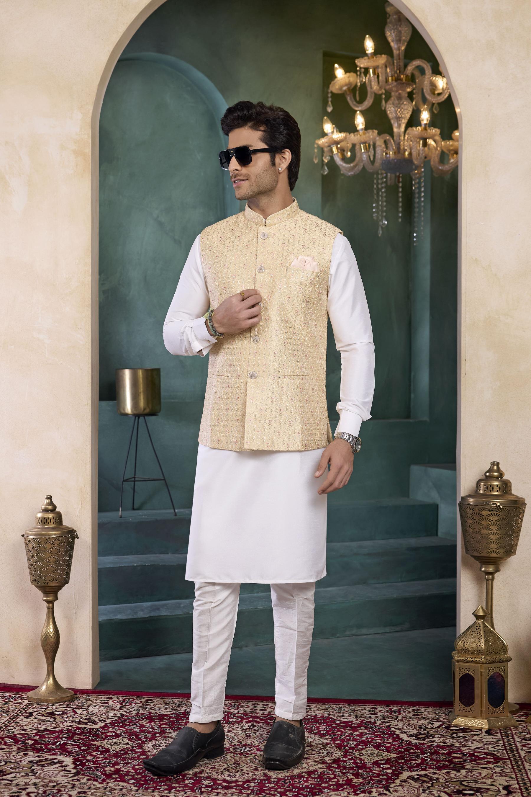 Cream Beige Banarasi Silk Kurta Pyjama