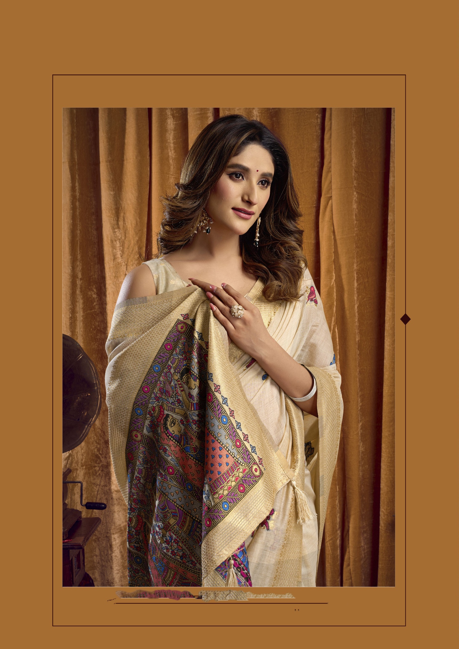Cream Bird Motif Woven Katha Khadi Cotton Saree — alternate view