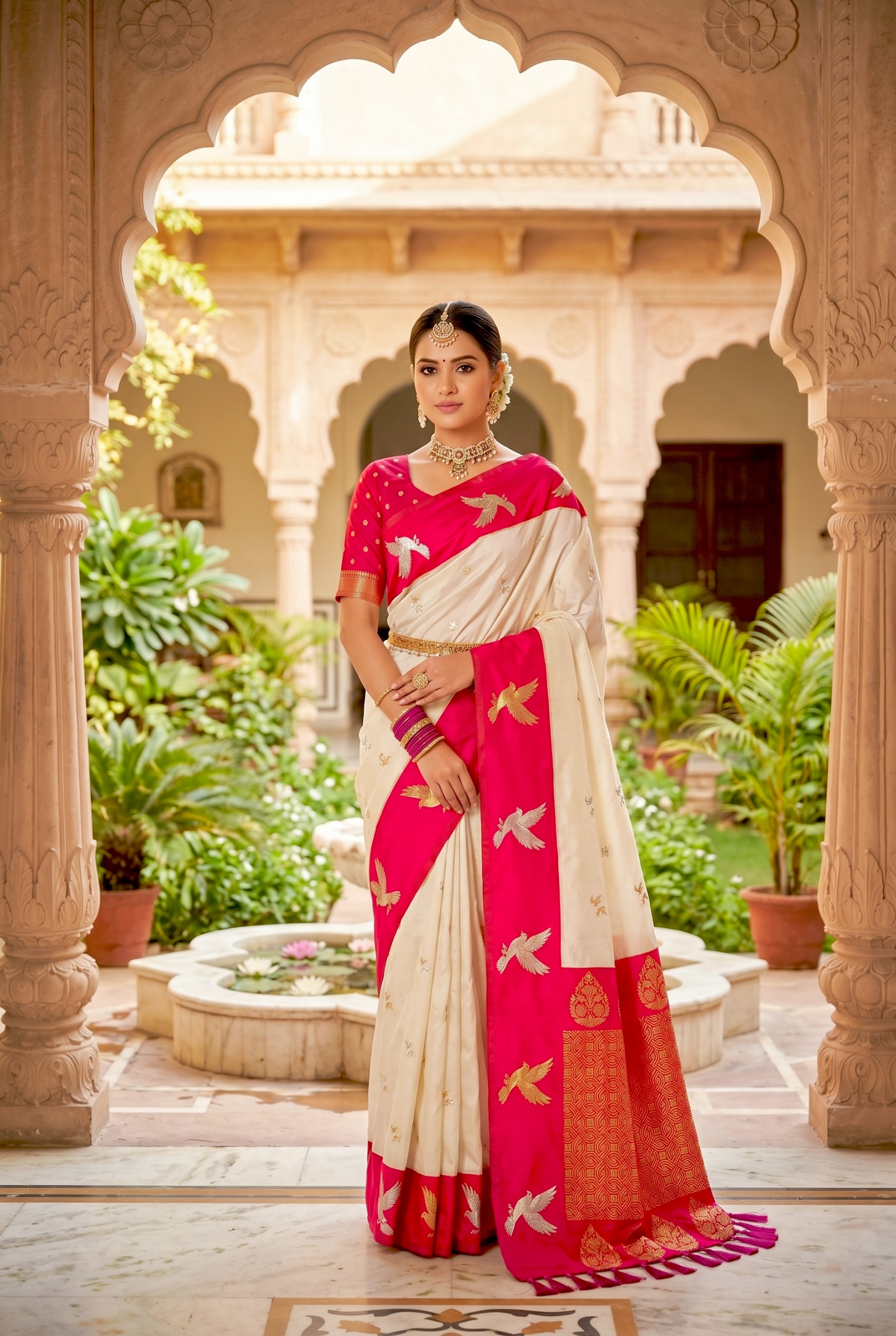 Cream Bird Woven Soft Silk Saree
