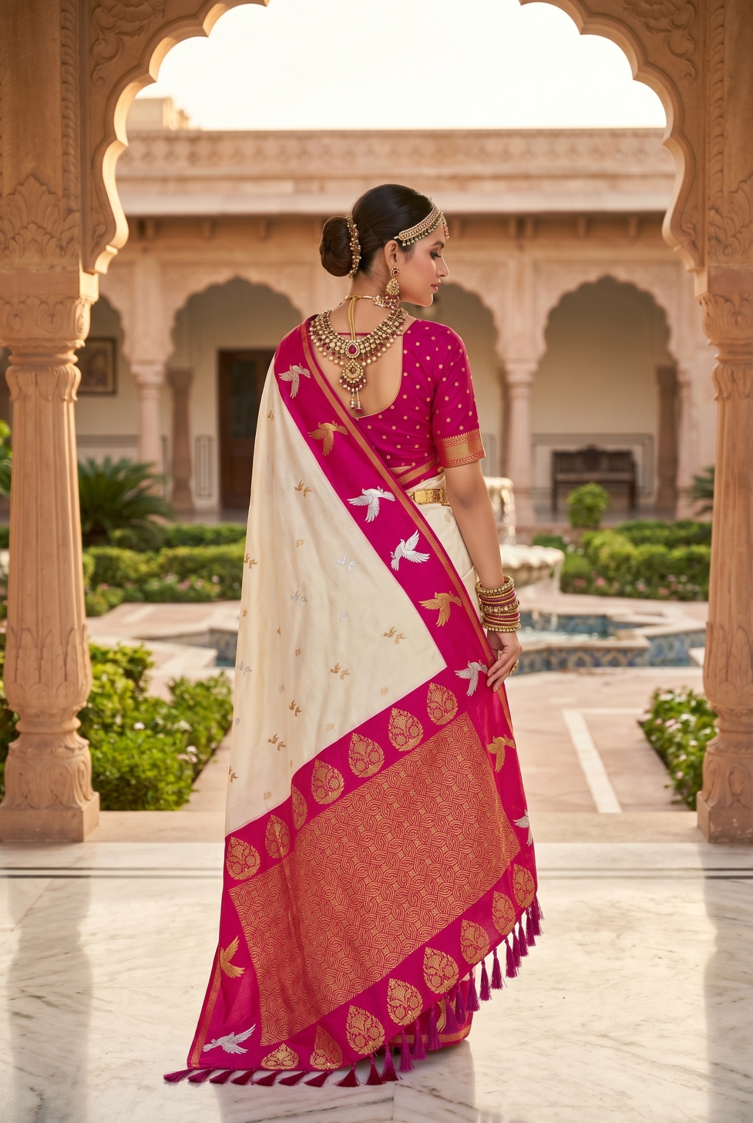 Cream Bird Woven Soft Silk Saree — alternate view