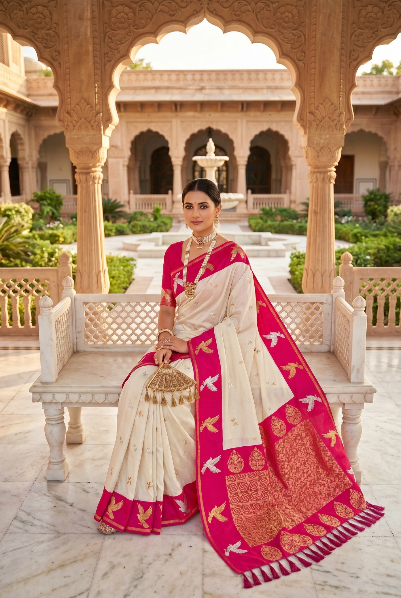 Cream Bird Woven Soft Silk Saree
