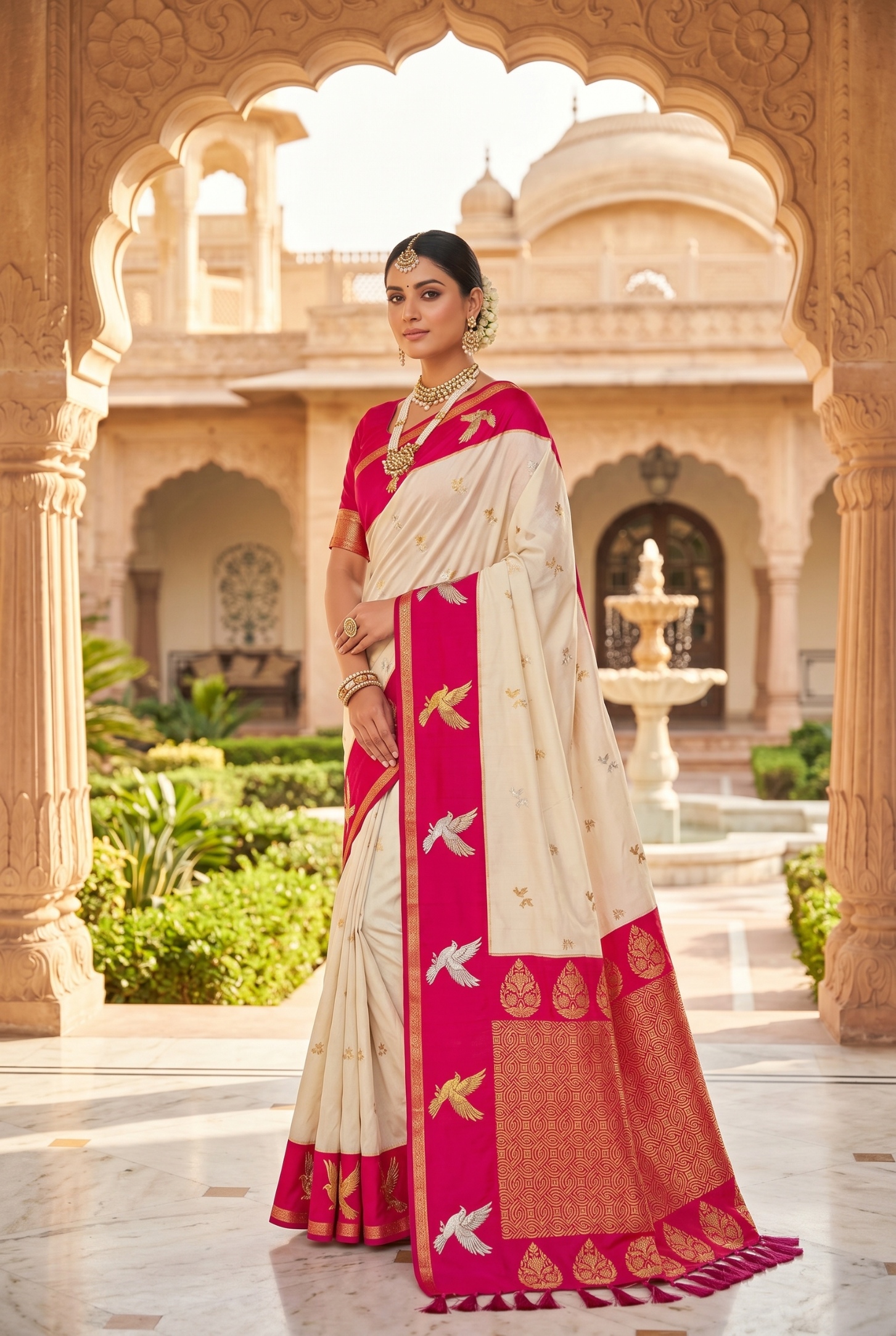 Cream Bird Woven Soft Silk Saree