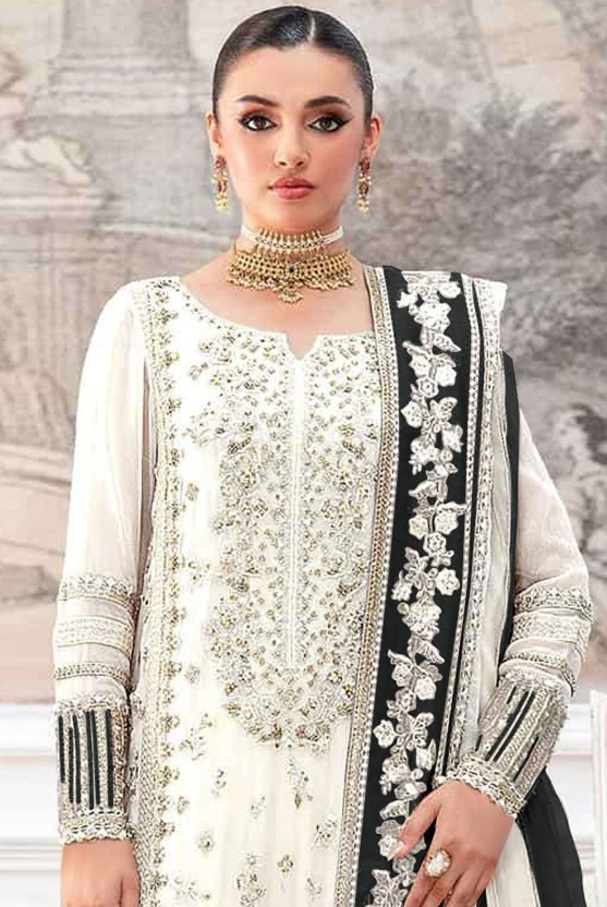 Cream Black Contemporary Embroidered Crunchy Silk Salwar Suit — alternate view