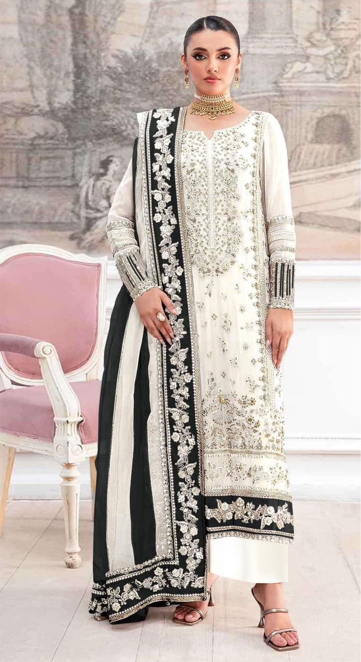 Cream Black Contemporary Embroidered Crunchy Silk Salwar Suit