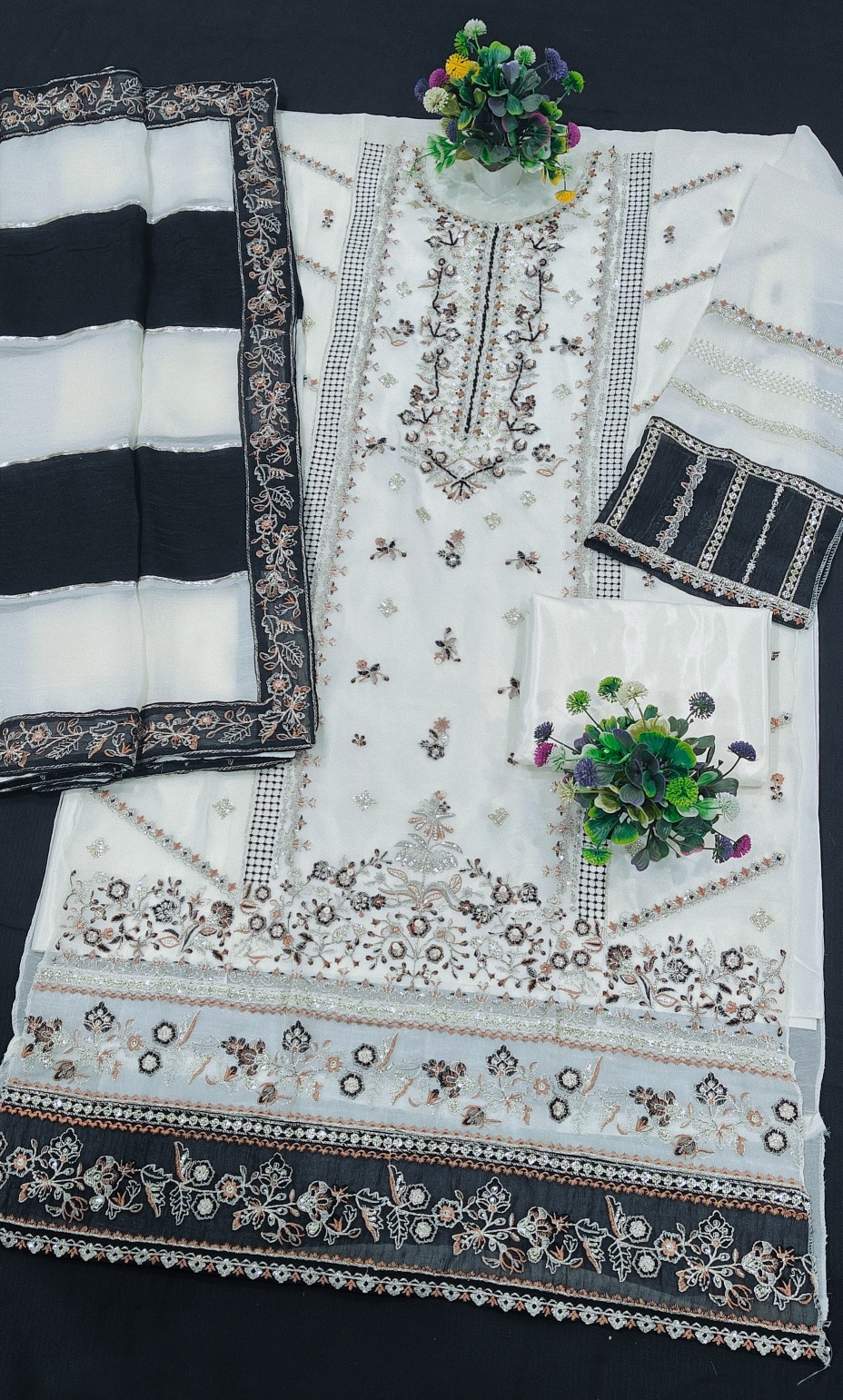 Cream Black Contemporary Embroidered Crunchy Silk Salwar Suit