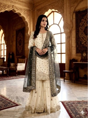 Cream Black Embroidered Pure Fendy Silk Sharara Suit
