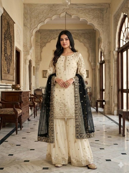 Cream Black Embroidered Pure Fendy Silk Sharara Suit — alternate view