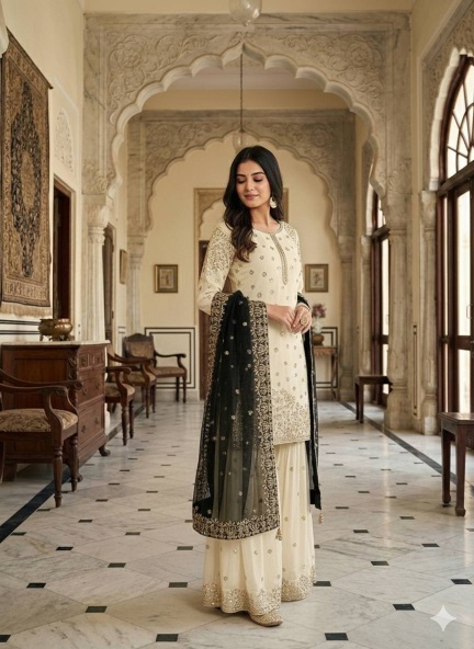 Cream Black Embroidered Pure Fendy Silk Sharara Suit