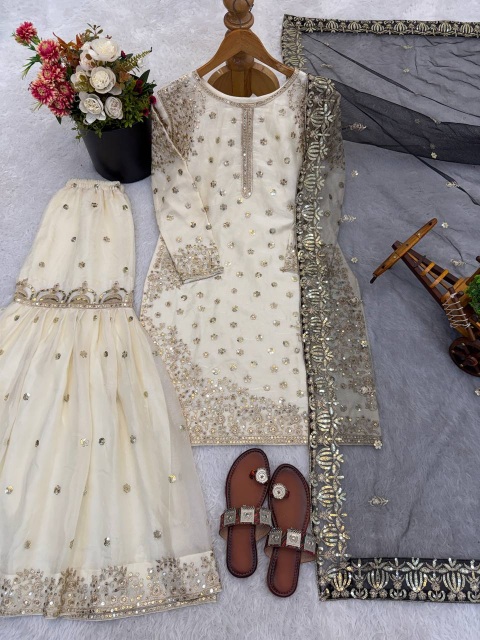 Cream Black Embroidered Pure Fendy Silk Sharara Suit
