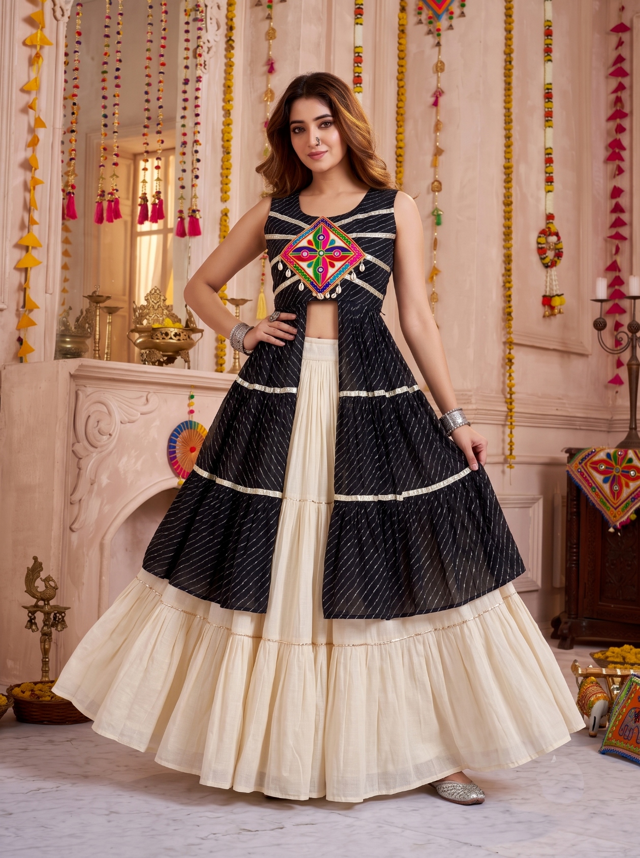 Cream Black Gamthi Pure Cotton Chaniya Choli