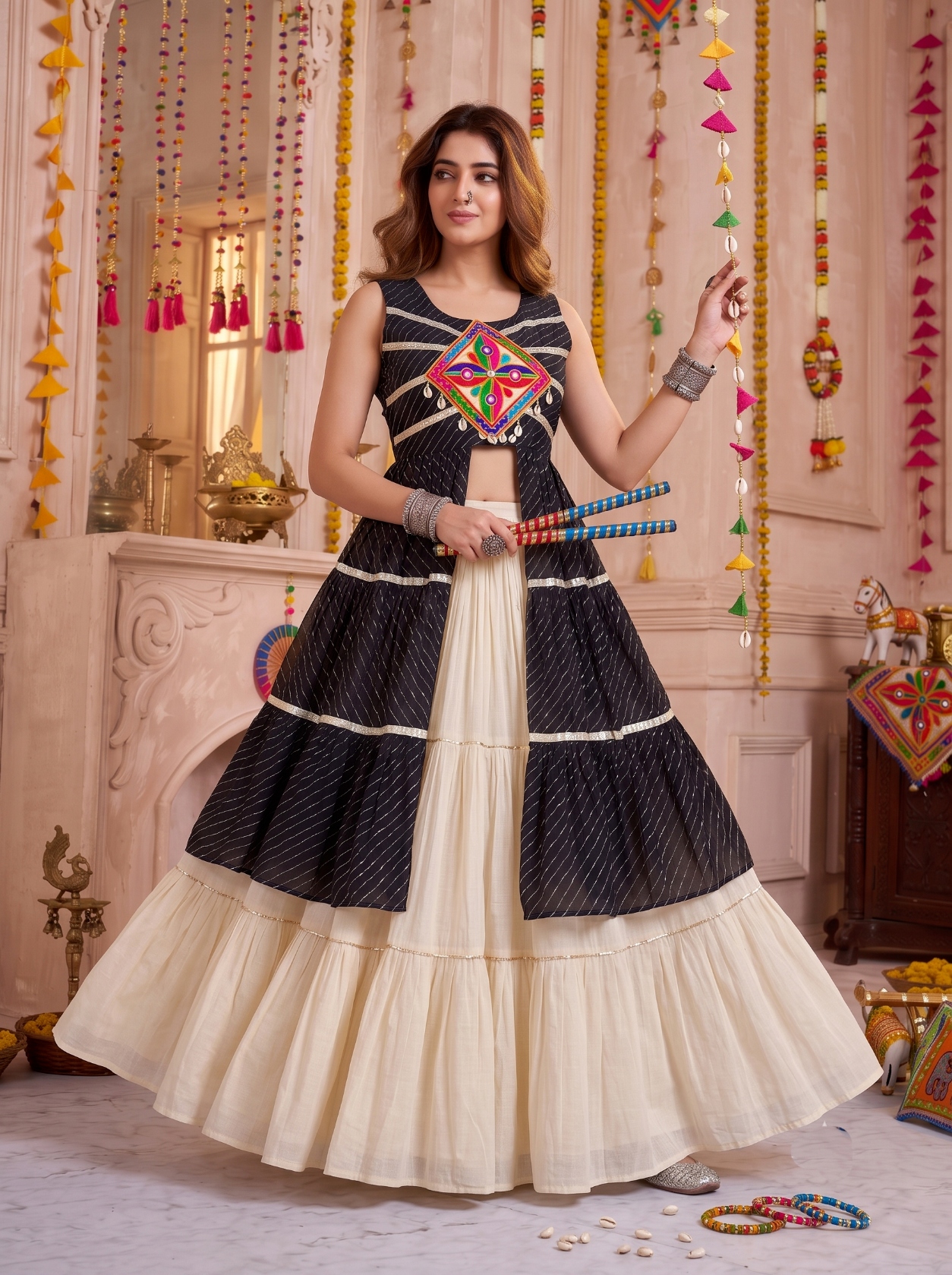 Cream Black Gamthi Pure Cotton Chaniya Choli