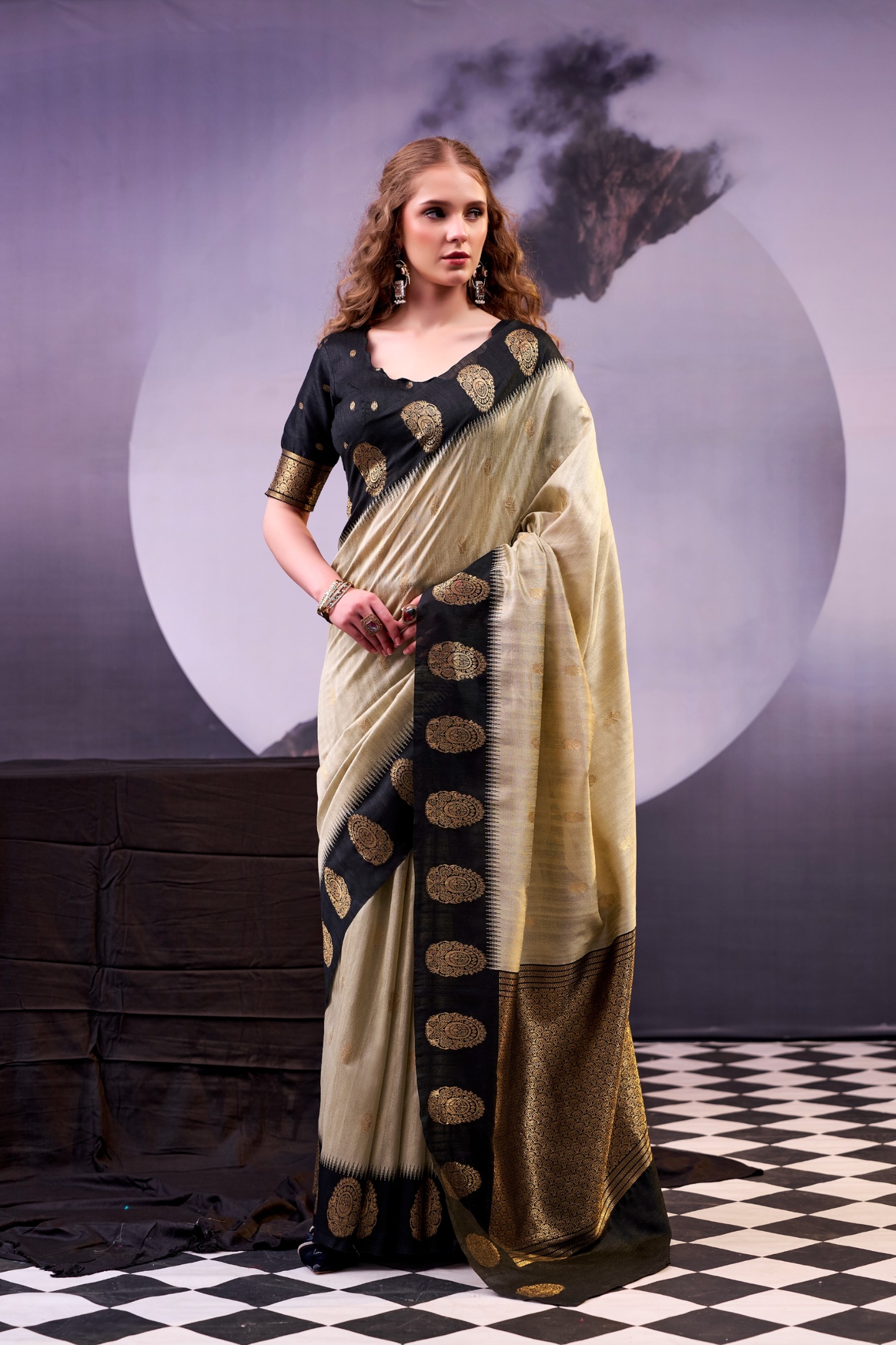Cream Black Zari Poly Cotton Saree